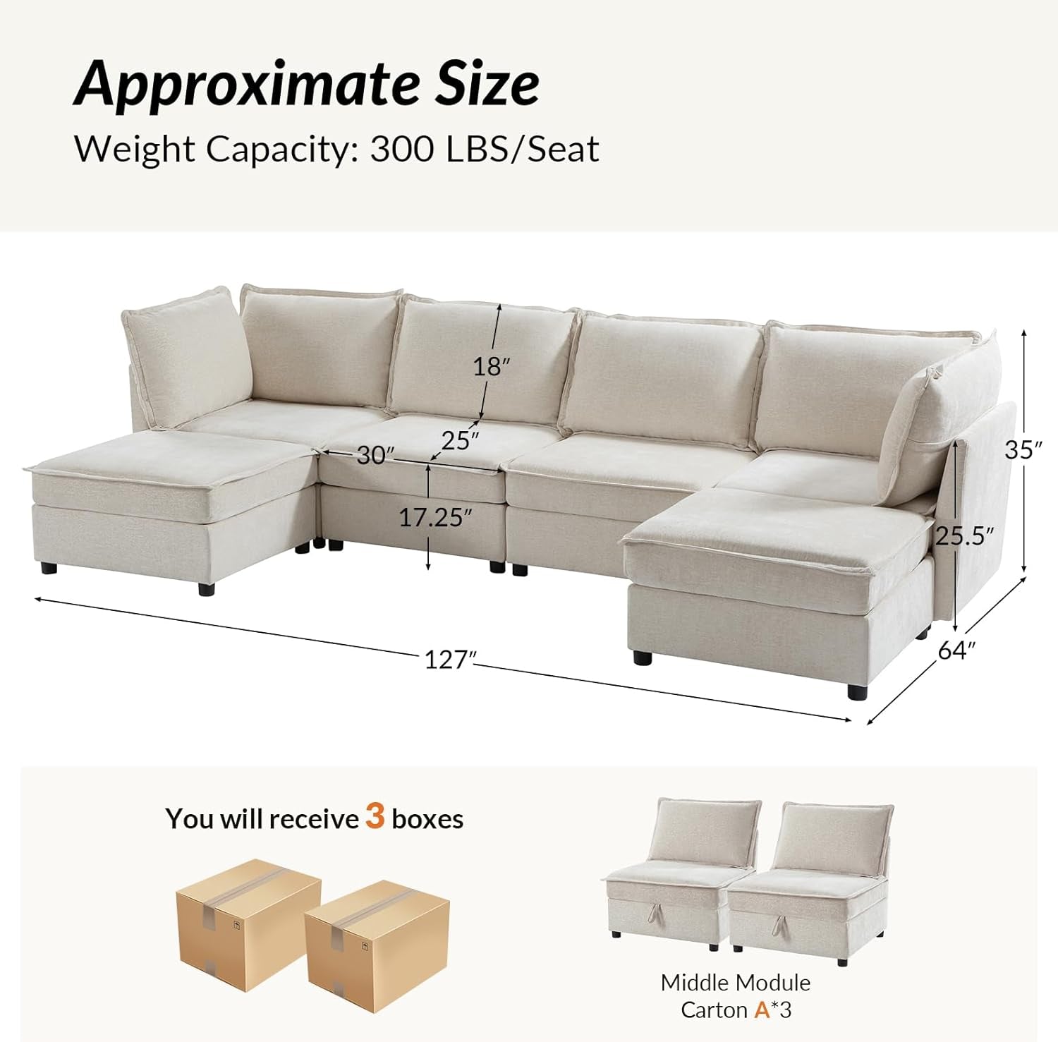 127 Inch Modular Sectional Sofa Beige with Storage Ottoman