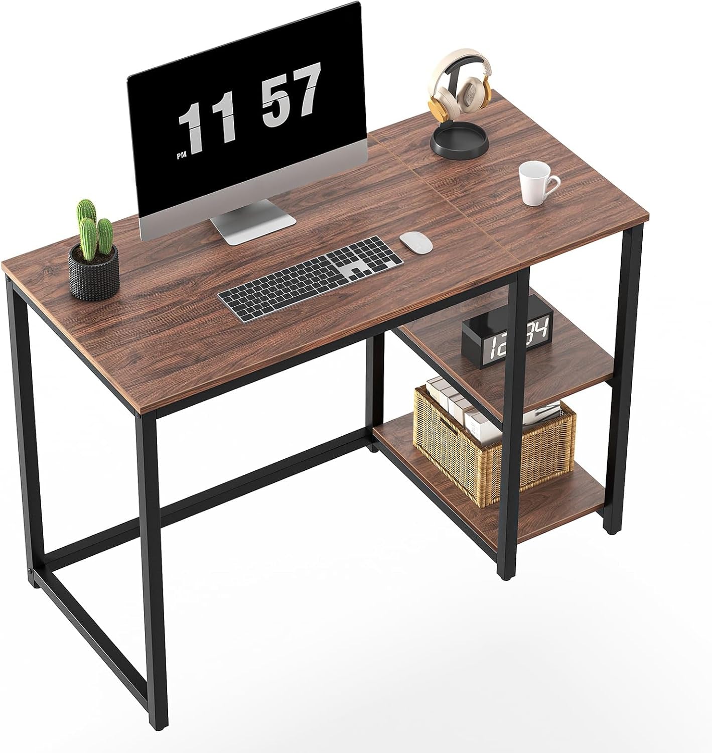 40 Inch Computer Desk With 2 Shelves Brown Sturdy Home Office Gaming Desk