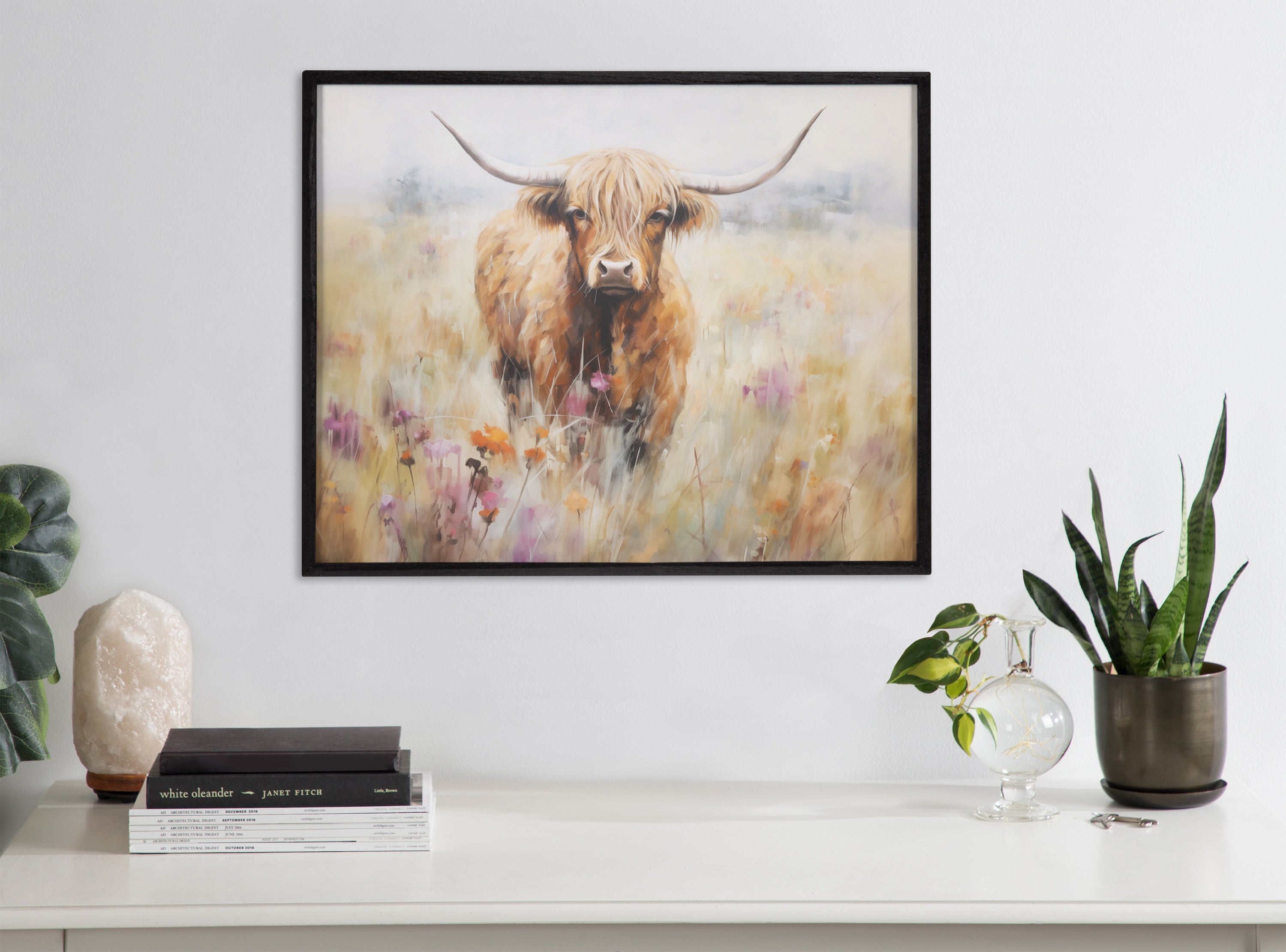 Gallery Highland Cow in a Flower Field Landscape Print by The Creative Bunch Studio