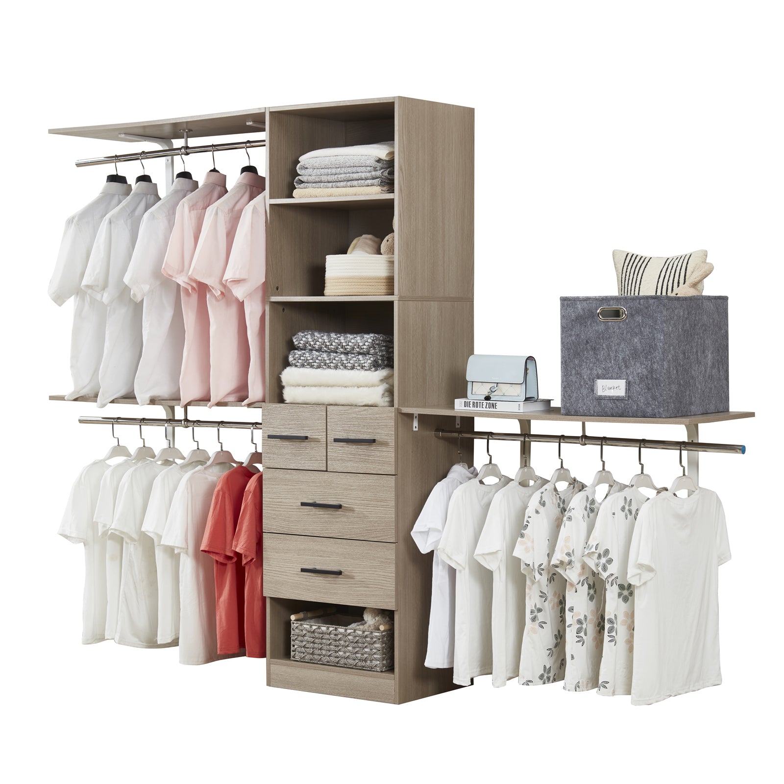 8FT Wood Closet System with Drawers & Doors - Built-In Wall-Mounted Organizer for Bedroom Clothes Storage