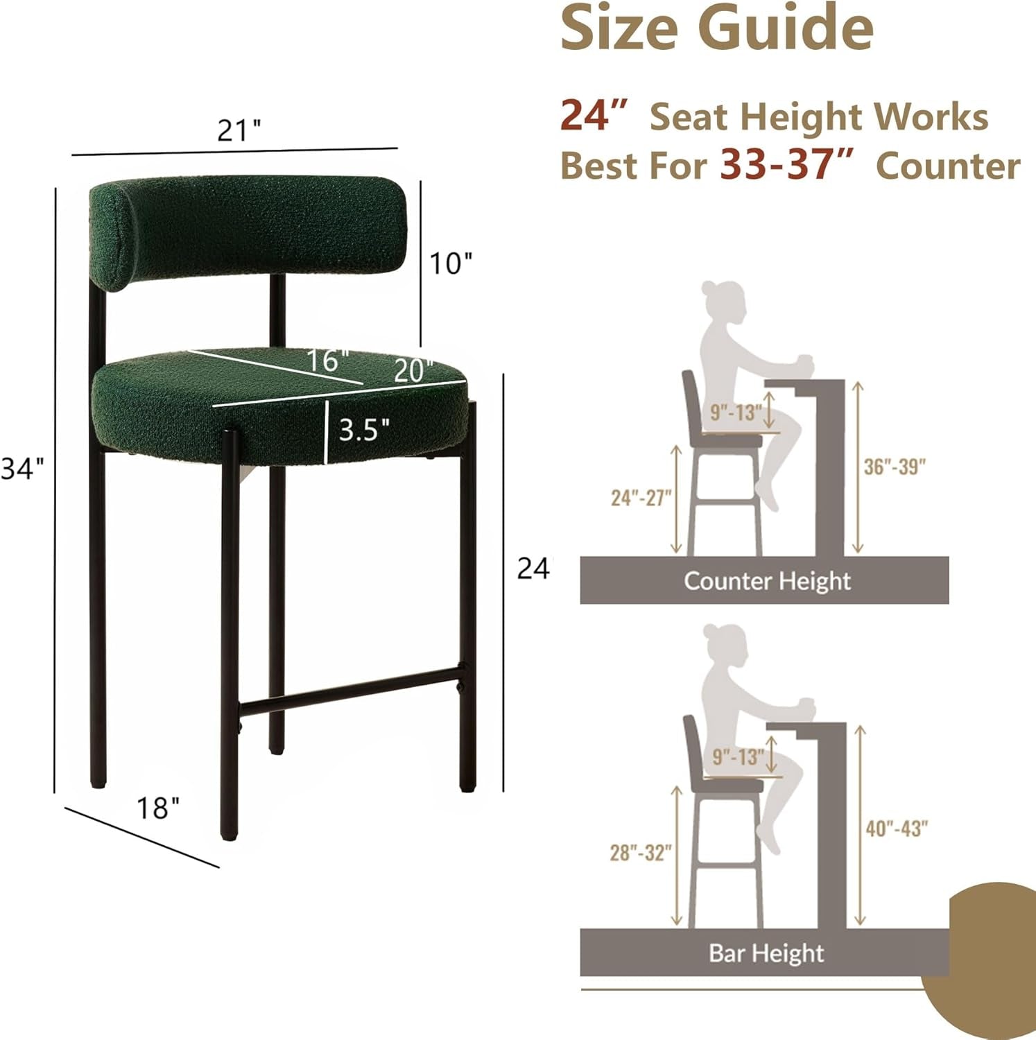 Green Boucle Counter Height Bar Stools Set of Three