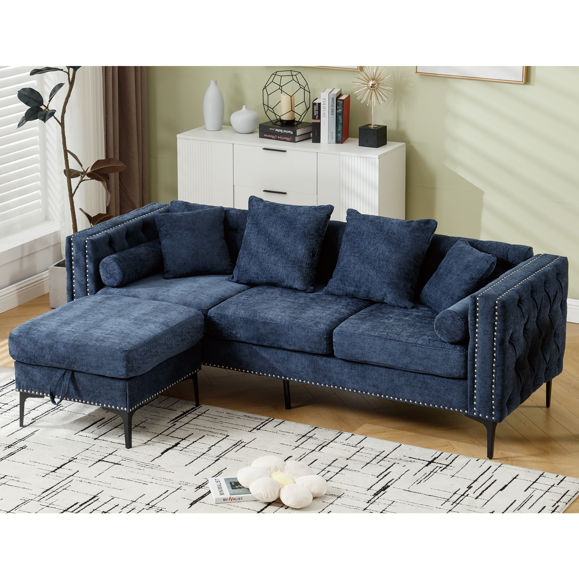 L Shaped Sectional Convertible Sofa with Storage Ottoman and Modern Tufted style-2