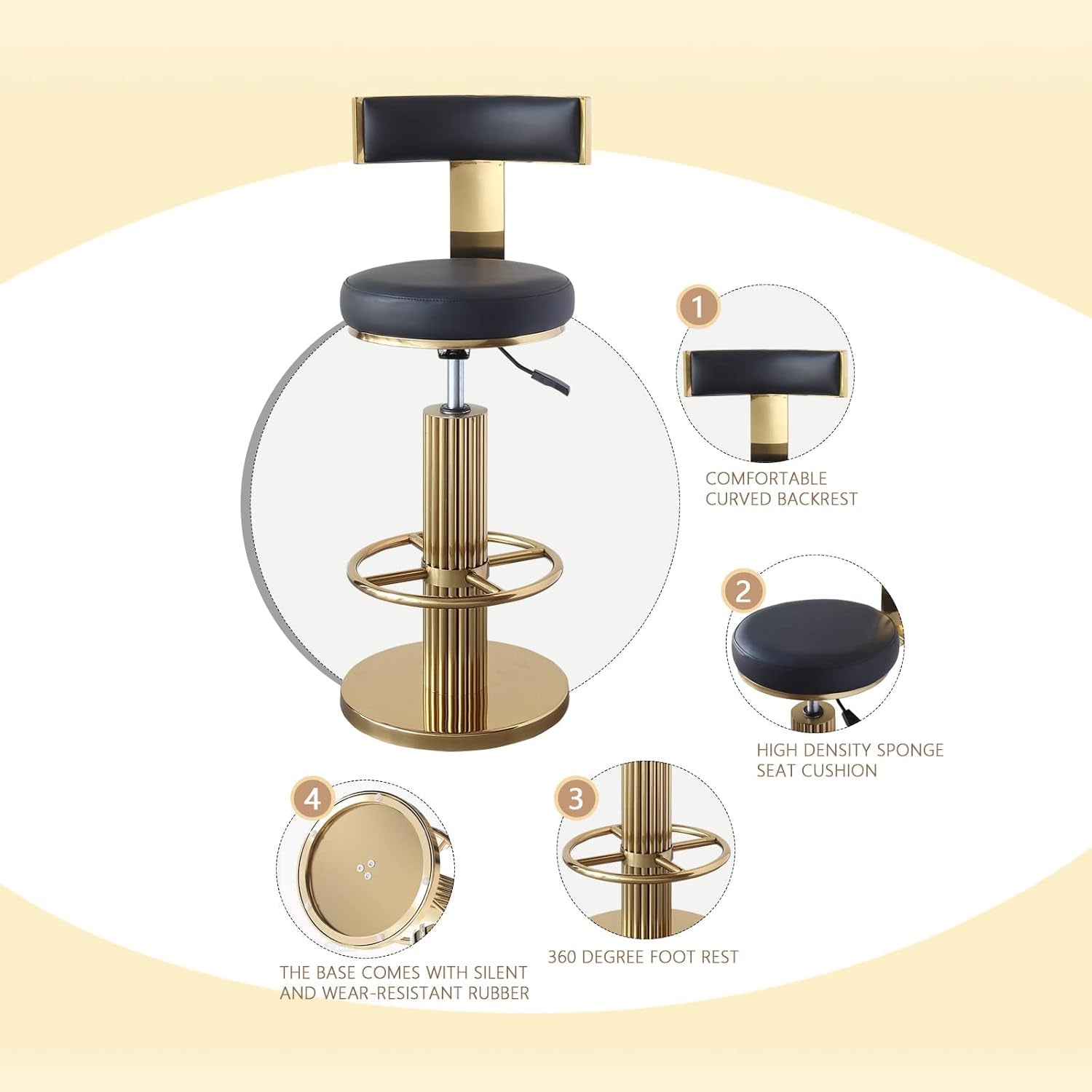 Black Gold Swivel Bar Stool With Backrest And Adjustable