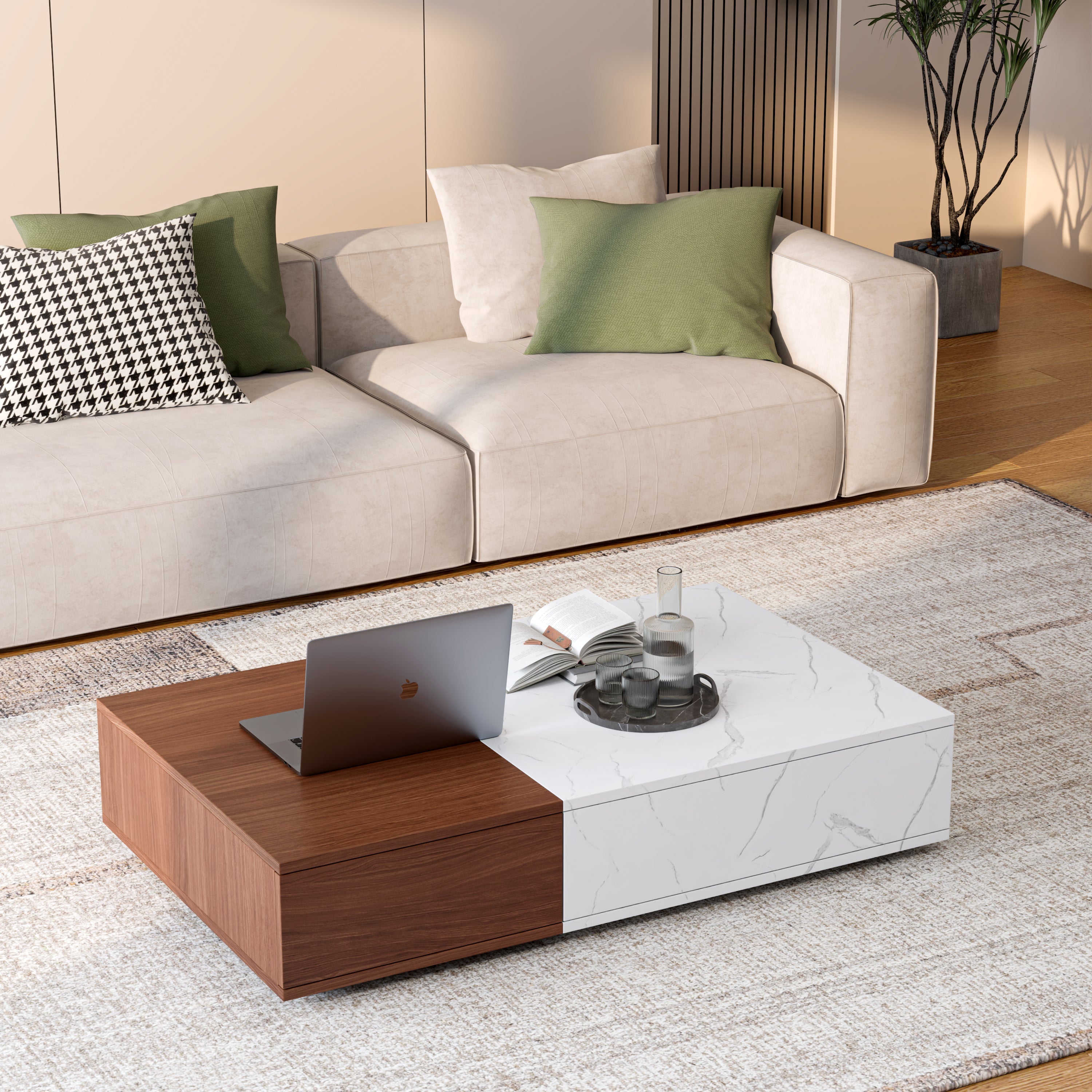 Modern Style Walnut Coffee Table With Two Storage Spaces