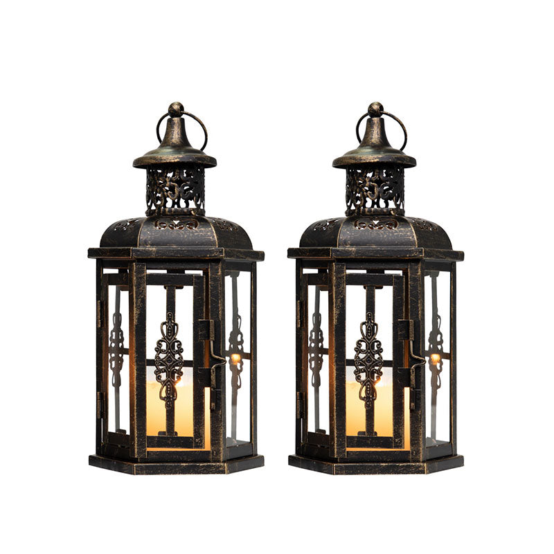 Set of 2 Decorative Lanterns -10 inch High Vintage Style Hanging Lantern Metal Candleholder White with Gold Brush-1