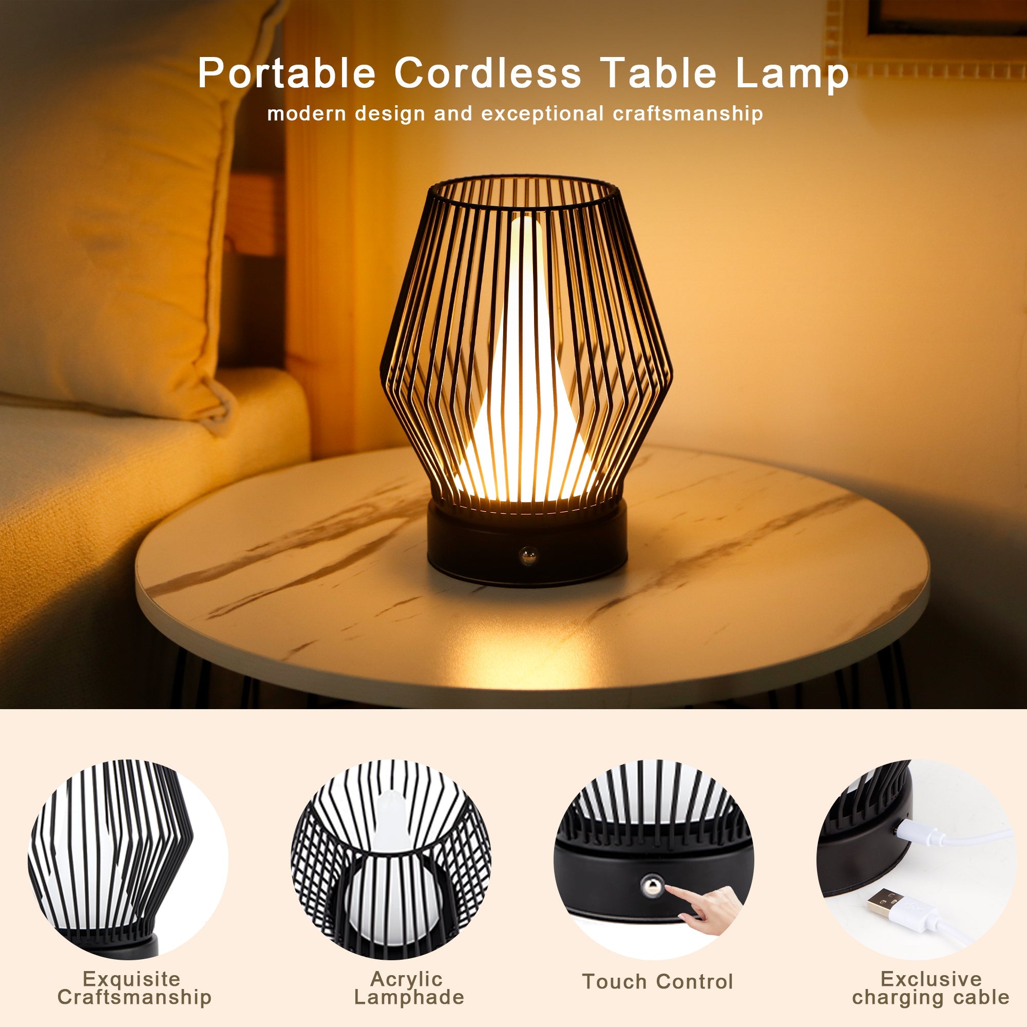 TRIROCKS Portable Cordless Lantern Outdoor Table Lamp Rechargeable Lantern 3000mAh LED Battery Operated Table Lamps Easy 3-Step Touch Dimmable Outdoor Night Lamp Lantern for Home Bedroom(Black)-1