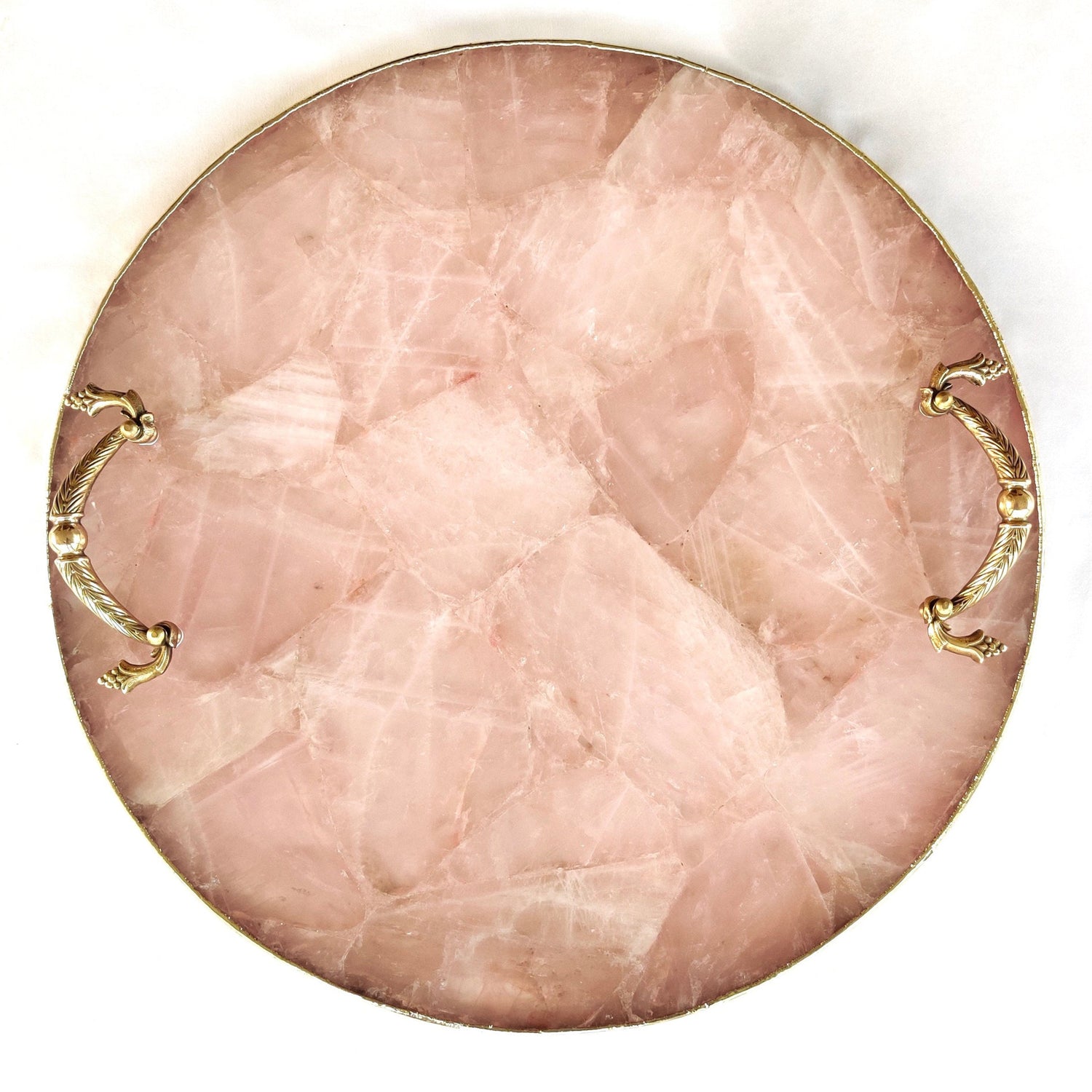 Rose Quartz Agate | Serving Tray With Brass Handles | Circular |-0