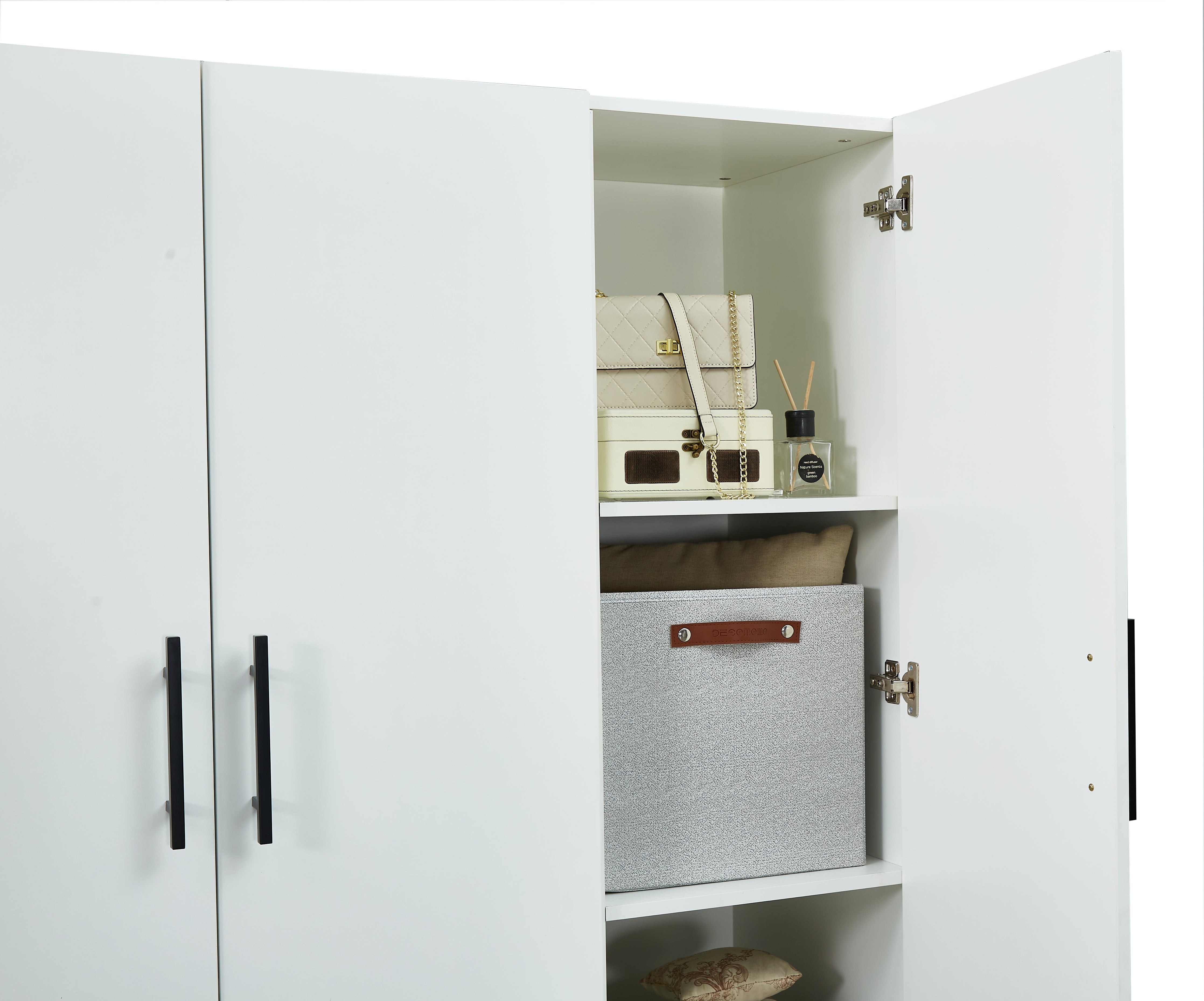 Spacious Armoire Wardrobe Closet with 4 Doors, 2 Hanging Rods & Drawers | White Wood Clothes Storage Cabinet