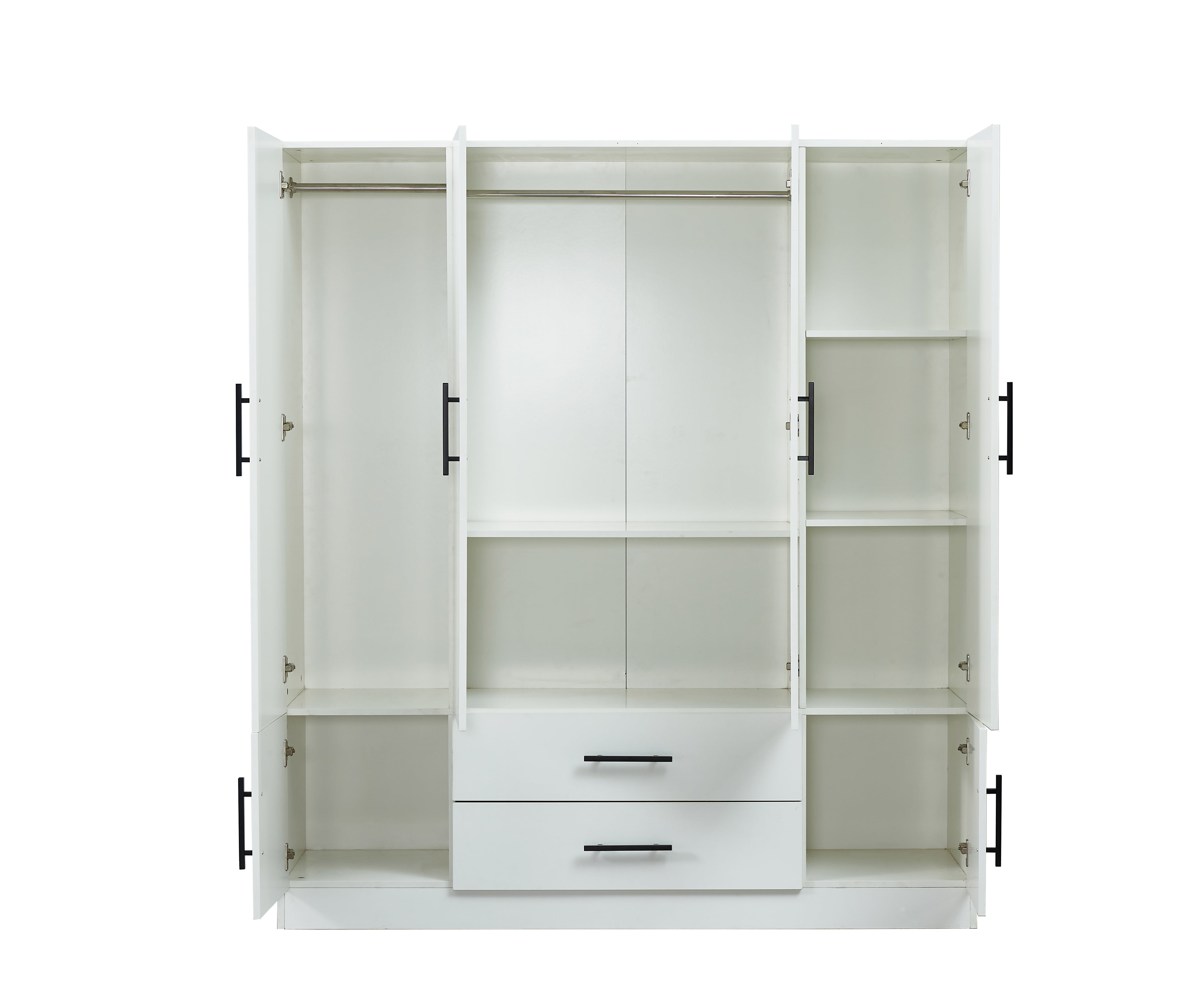 Spacious Armoire Wardrobe Closet with 4 Doors, 2 Hanging Rods & Drawers | White Wood Clothes Storage Cabinet