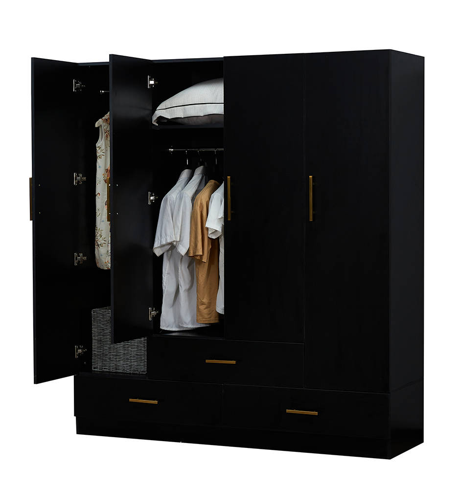 4-Door Wooden Armoire Wardrobe Closet with Mirror, Shelves & Hanging Rail | Black Large Capacity Clothes Storage