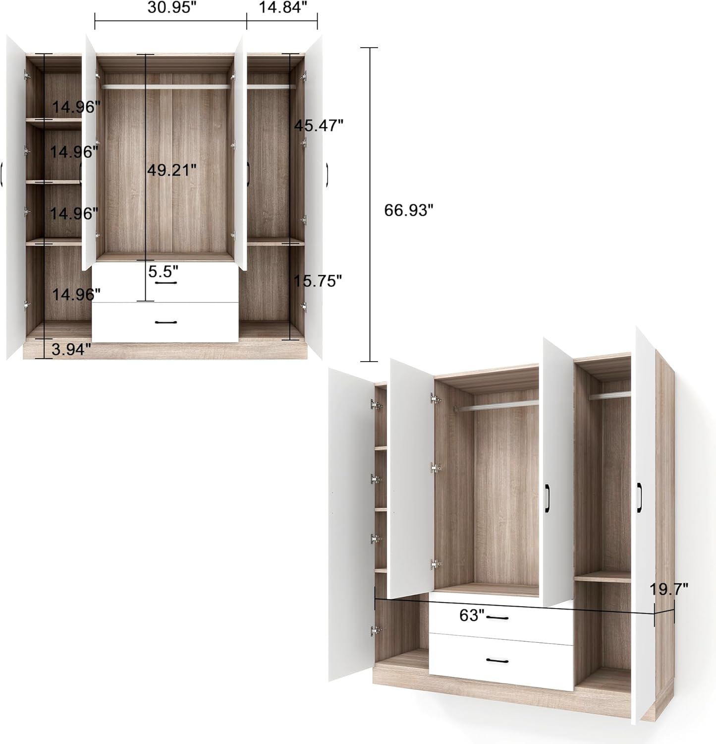 Spacious Armoire Wardrobe Closet with 4 Doors, 2 Hanging Rods & Drawers | White Wood Clothes Storage Cabinet