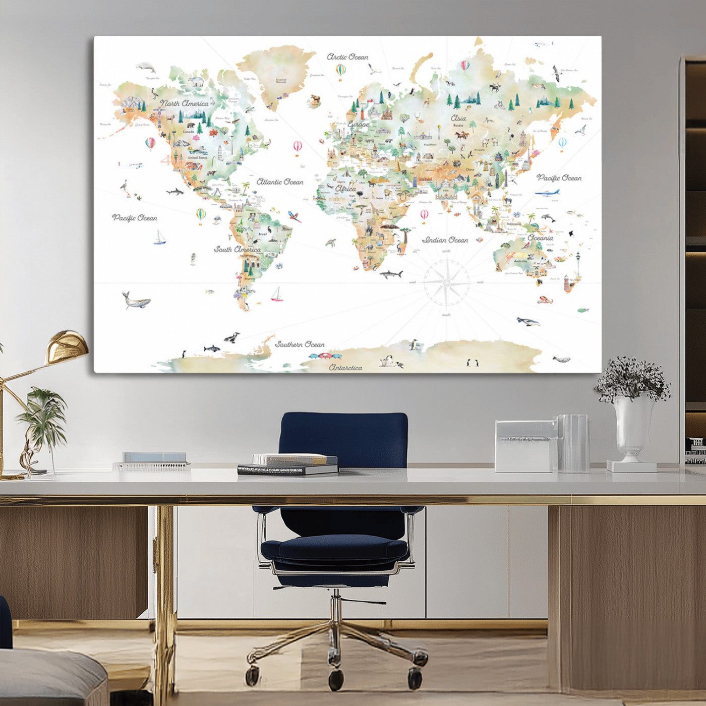 Animal World Map for Kids Room Decor