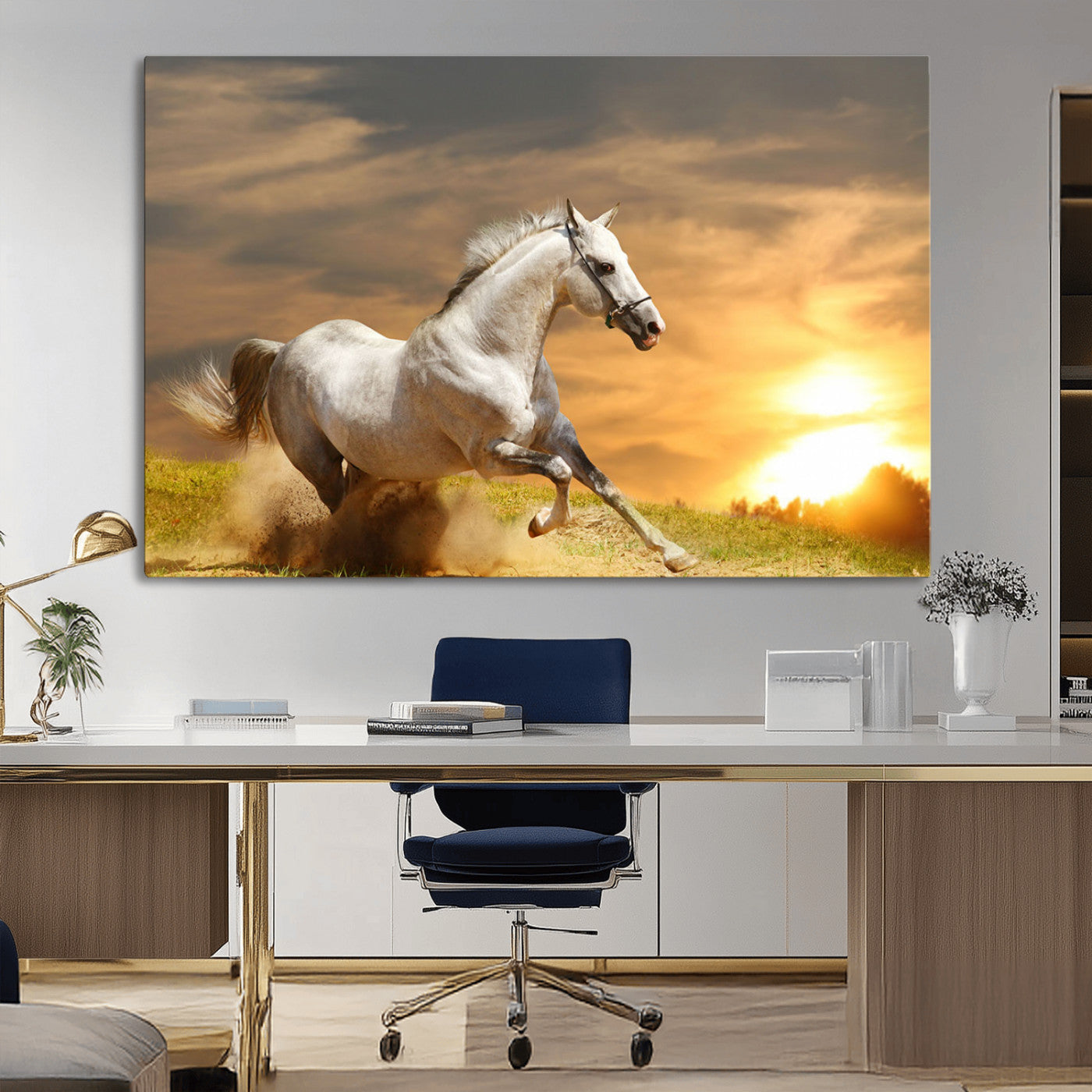 White Horse Running Canvas Sunset Wall Art