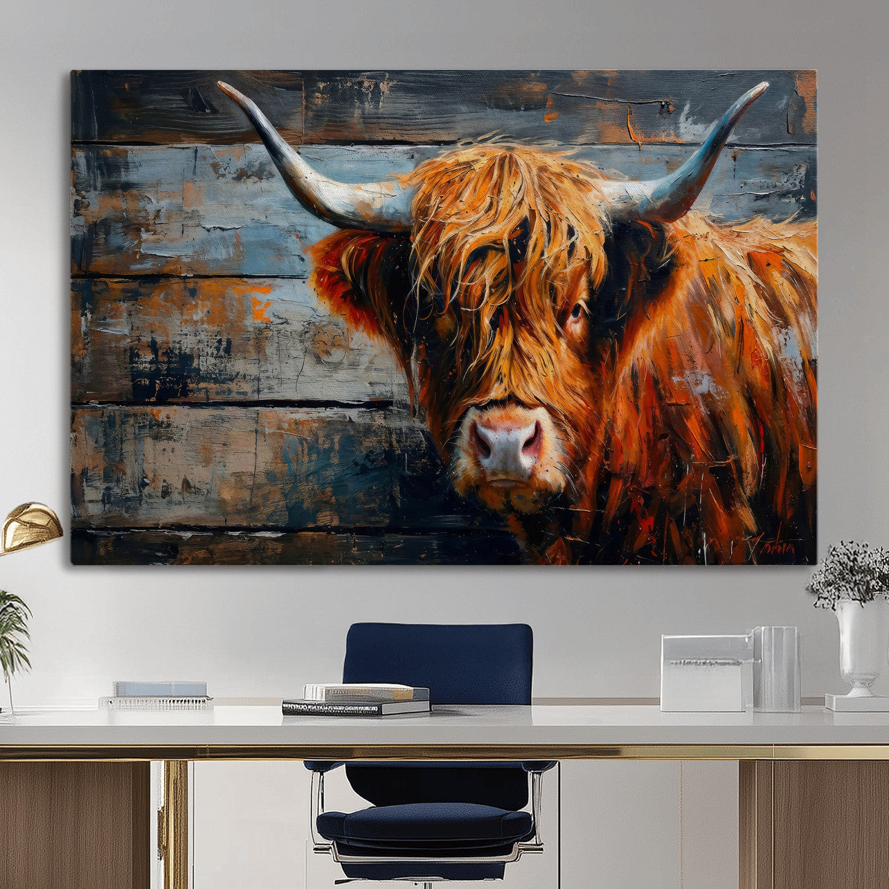 Highland Cow Wall Art Canvas Print, Abstract Rustic Farm