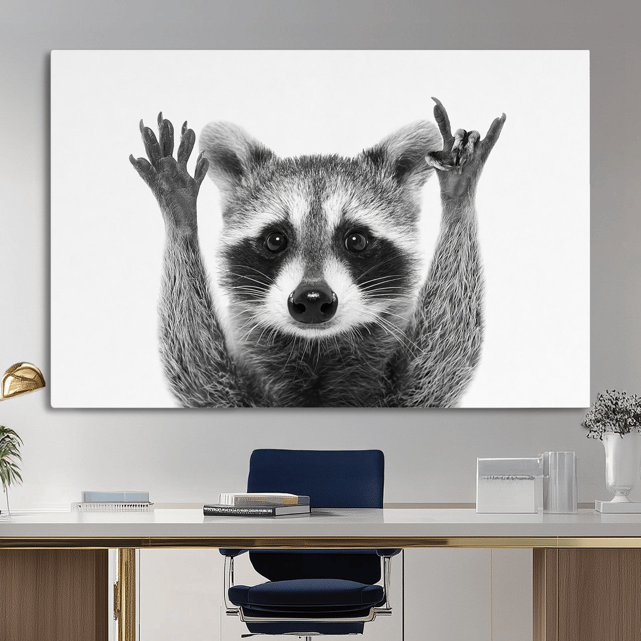 Funny Raccoon Canvas Wall Art, Black White Hands Up Animal Photo Print, Humorous Wildlife Decor, Kids Room Nursery Art, Quirky Animal Gift