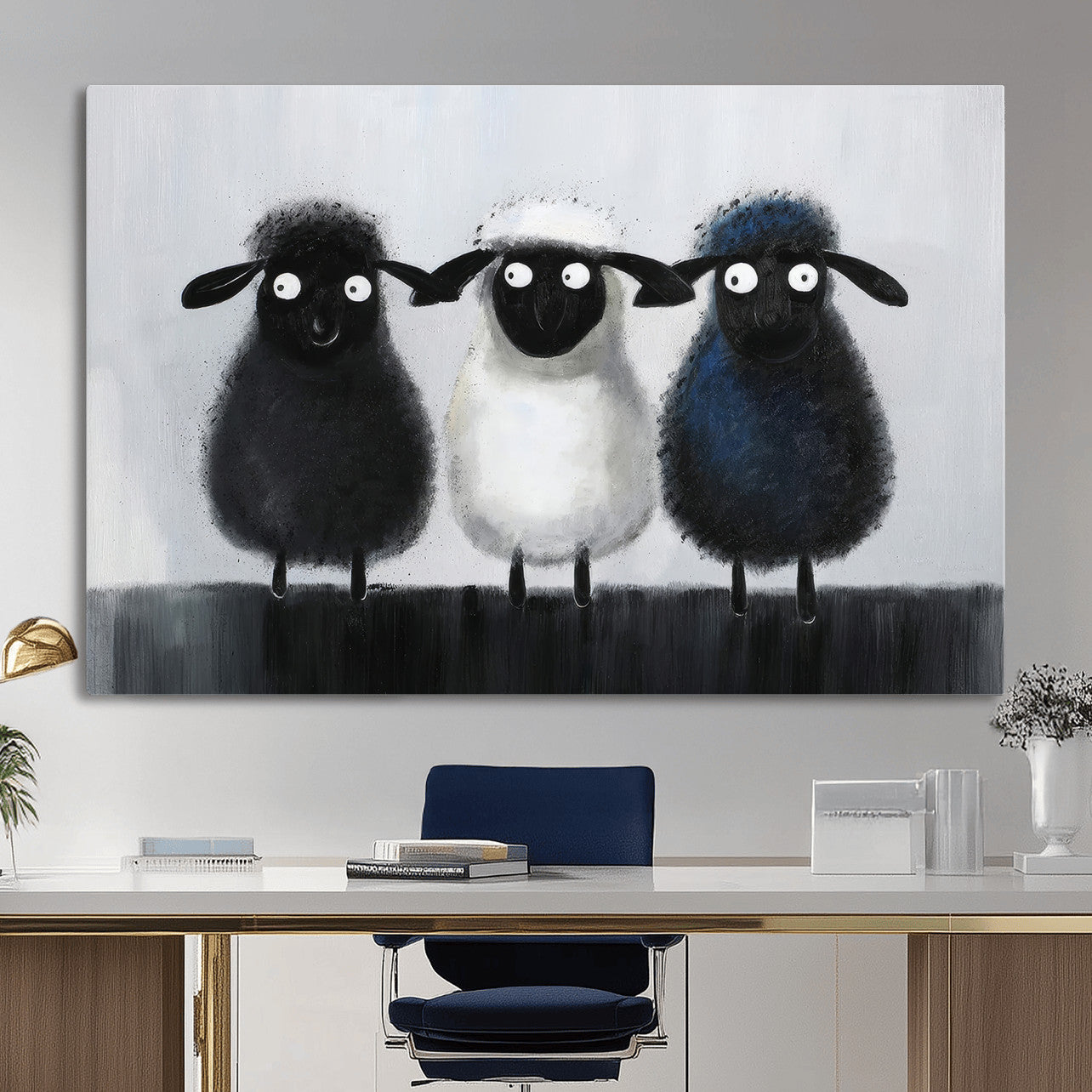 Funny Sheep Canvas Wall Art, Three Quirky Sheep Painting Print, Cute Animal Nursery Decor, Black White Navy Farmhouse Art, Kids Room Gift
