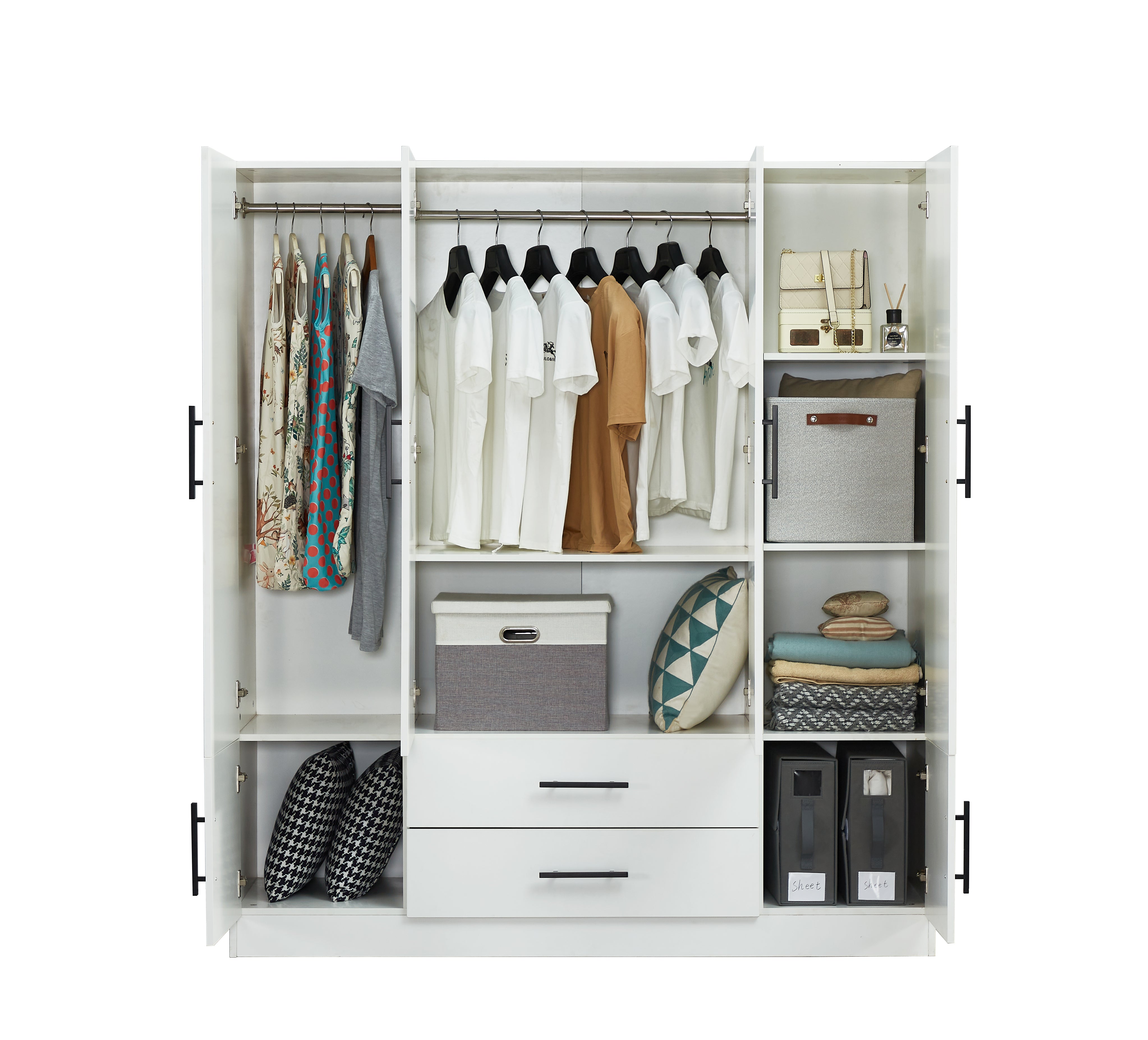 Spacious Armoire Wardrobe Closet with 4 Doors, 2 Hanging Rods & Drawers | White Wood Clothes Storage Cabinet