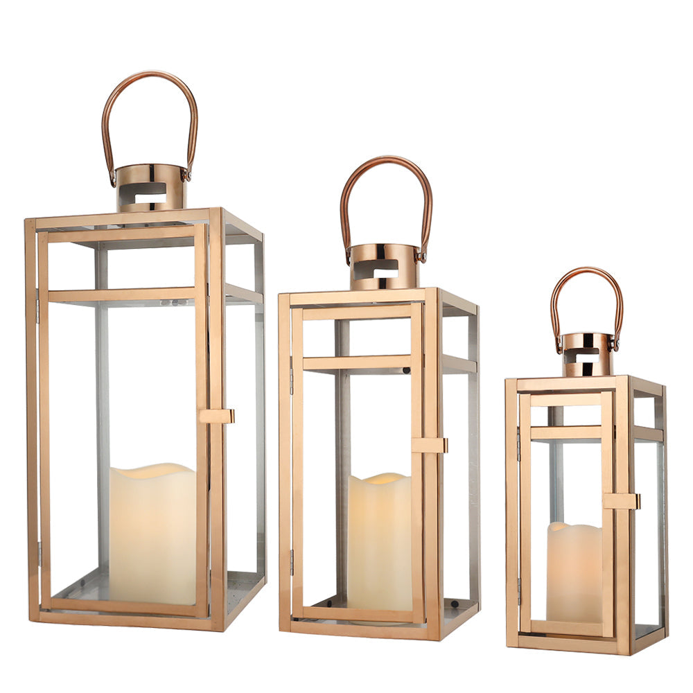 19''&15''&12'' H Stainless Steel Metal Candle Lantern  Candle Holder with Temper Glass Panels(Set of 3 Rose Gold)-2