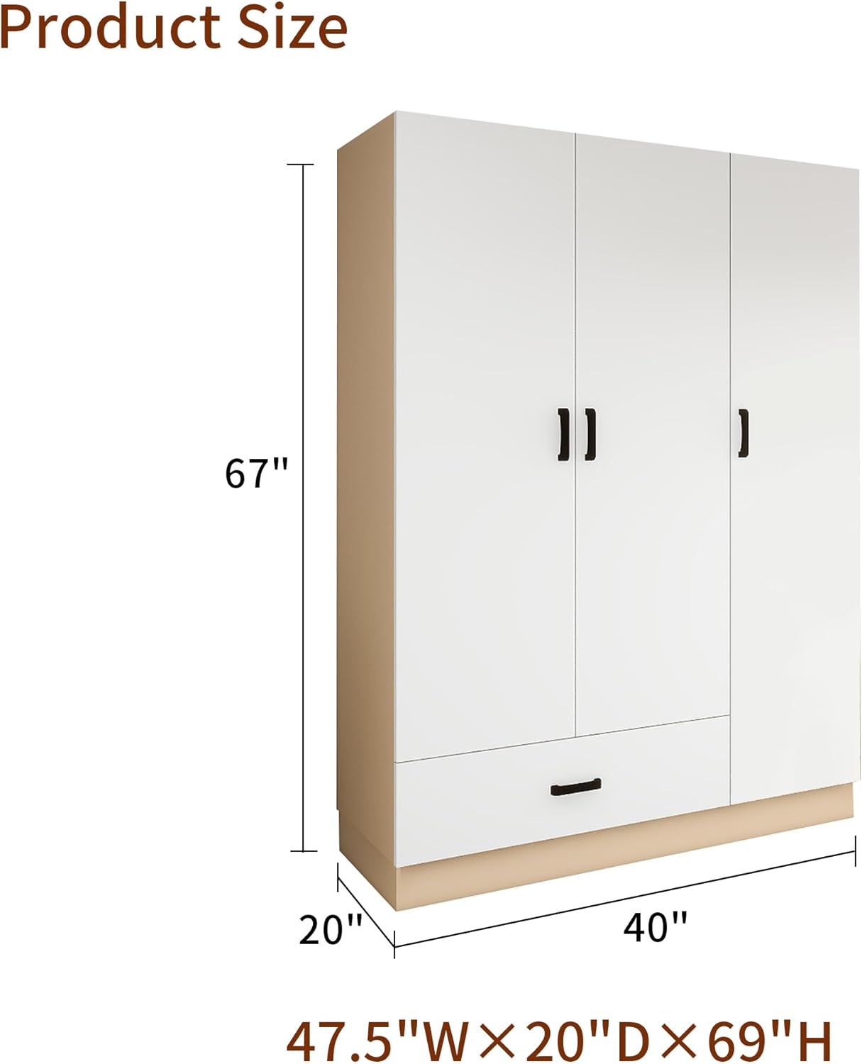 69" High Wooden Wardrobe Closet , 3 Doors & Drawers | White Bedroom Armoire