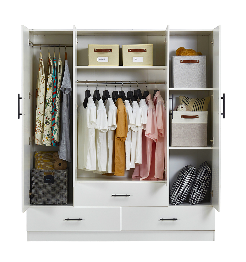 71" H White Armoire Wardrobe Closet with 4 Doors, Storage Drawers & Hanging Rod | 63" W Bedroom Storage Cabinet