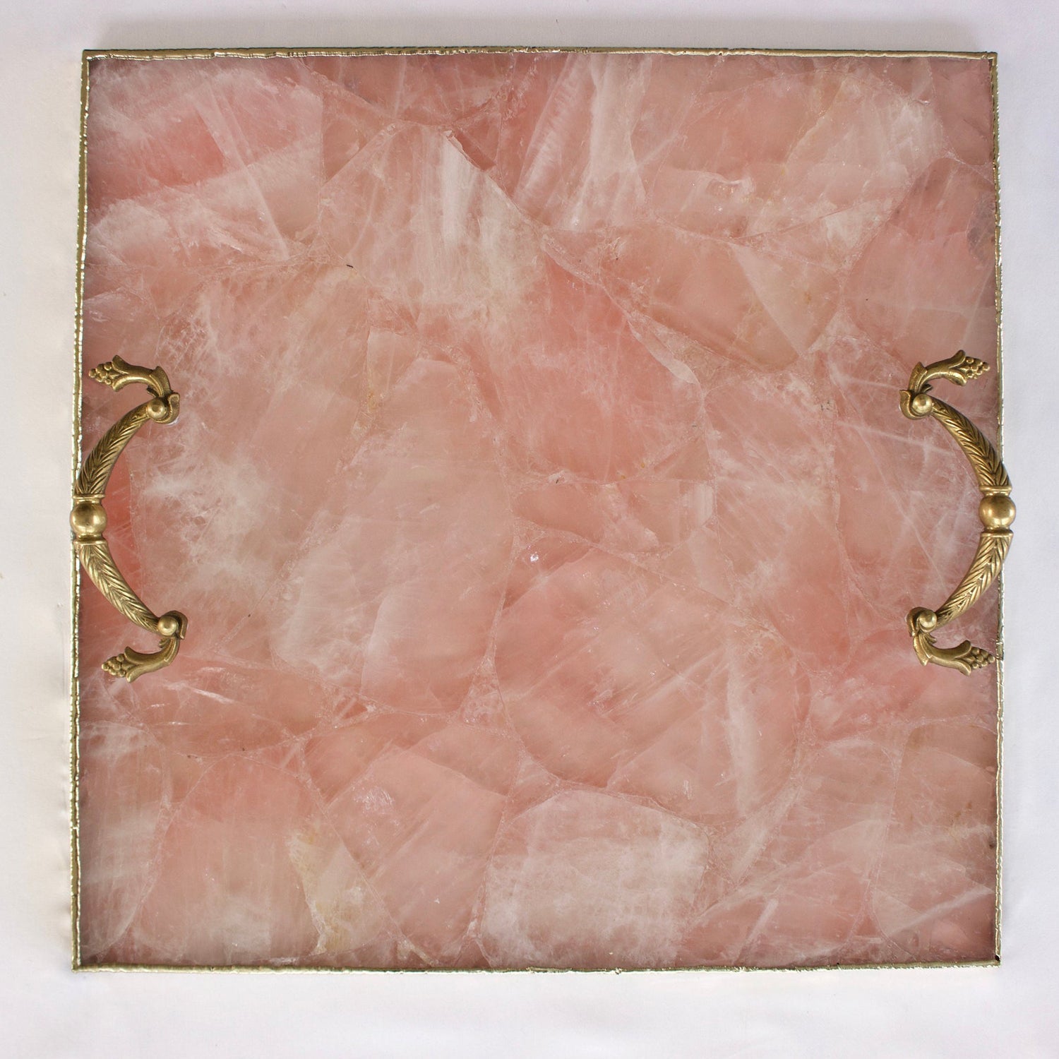 Rose Quartz Agate Serving Tray With Brass Handles | Square-0