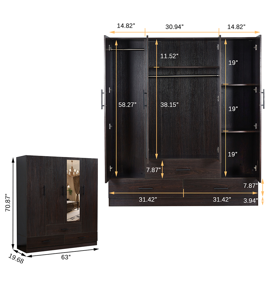 71" H Wooden Armoire Wardrobe Closet with Mirror, 4 Doors, Drawers & Shelves | 63" W Bedroom Storage Cabinet