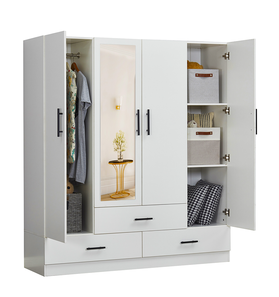 71" H White Armoire Wardrobe Closet with 4 Doors, Storage Drawers & Hanging Rod | 63" W Bedroom Storage Cabinet