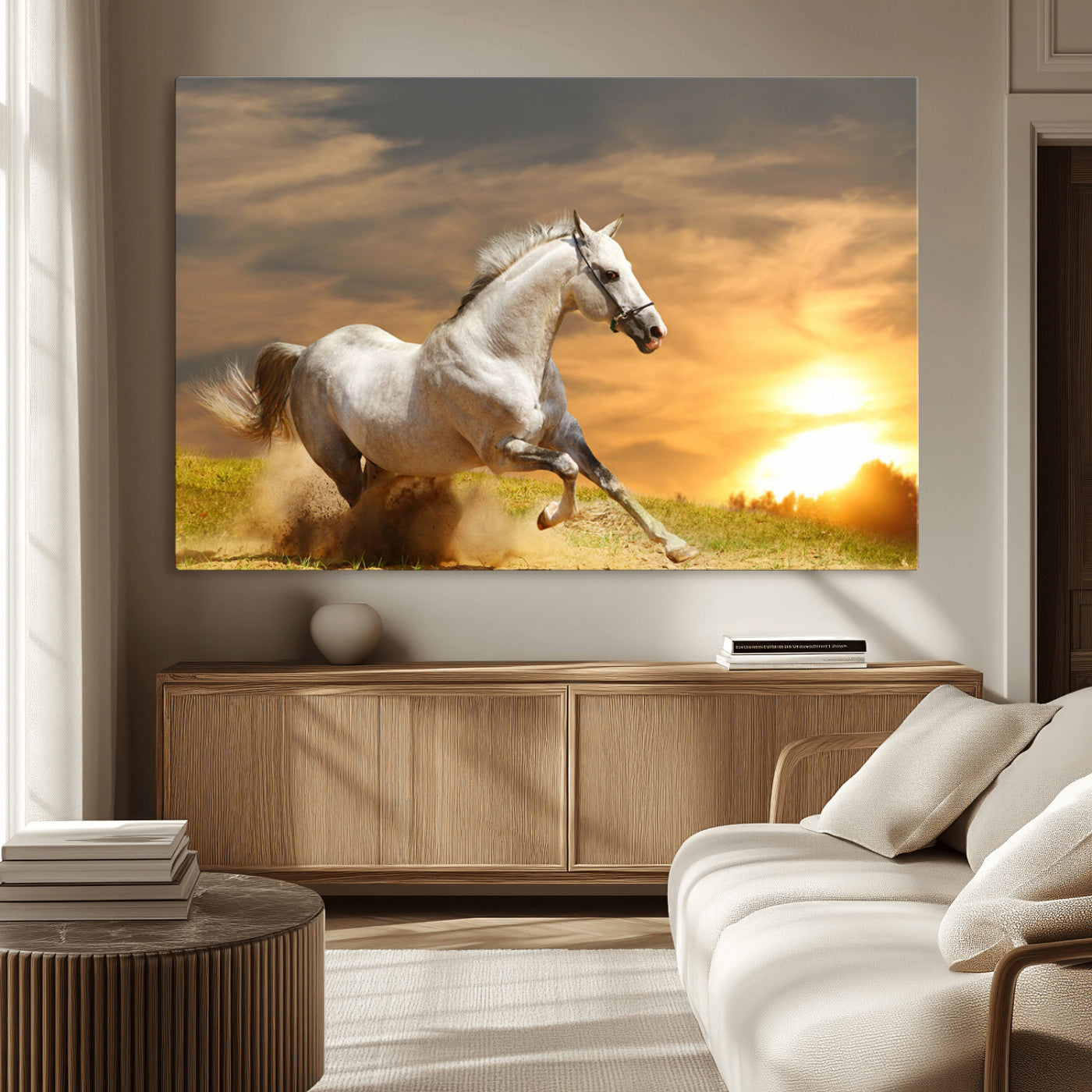 White Horse Running Canvas Sunset Wall Art