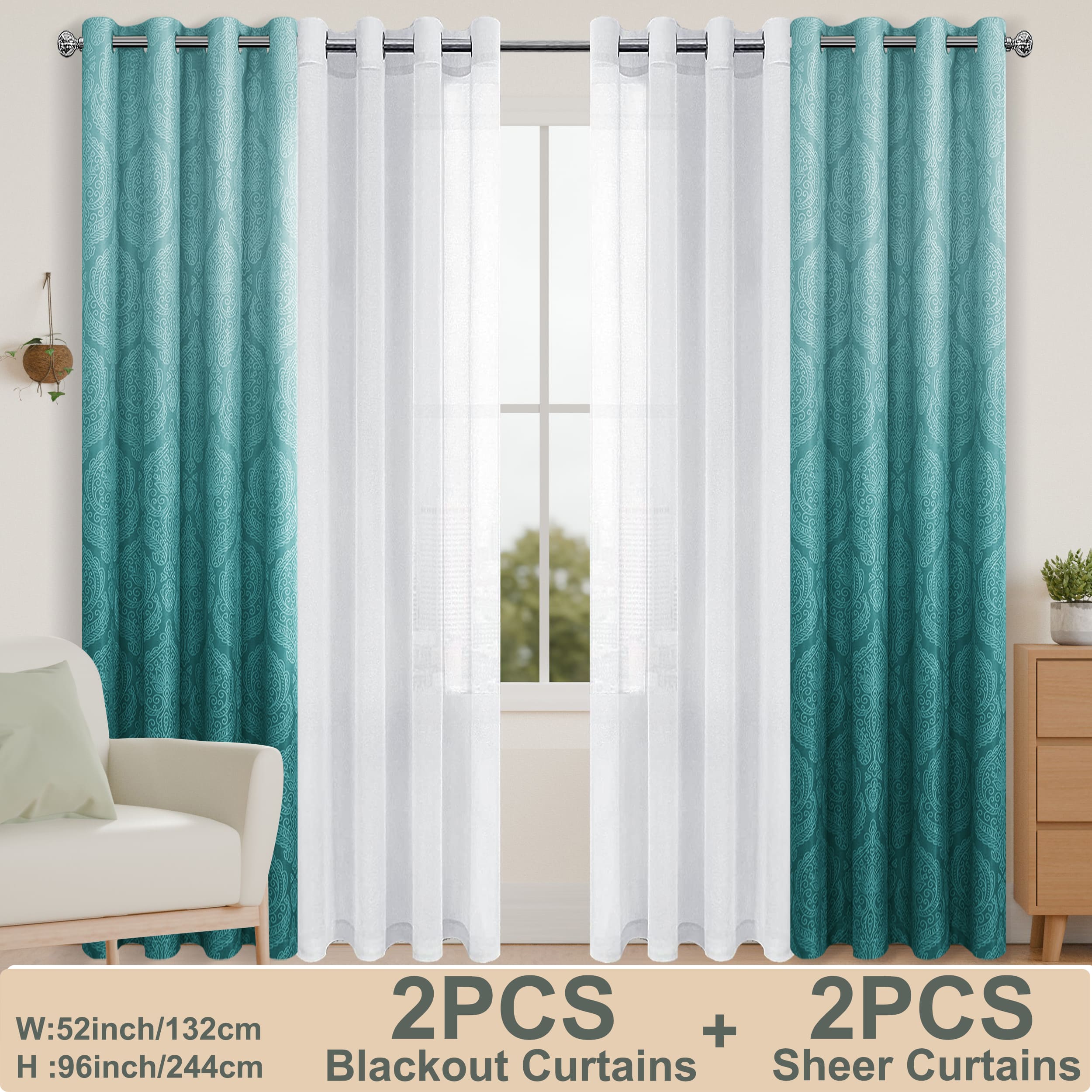 4pcs/SET Curtains - 2pcs Ombre Blackout Curtains And 2pcs Semi Sheer Curtains-9