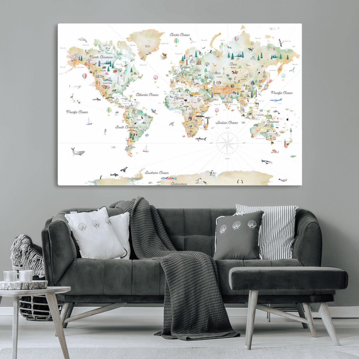 Animal World Map for Kids Room Decor