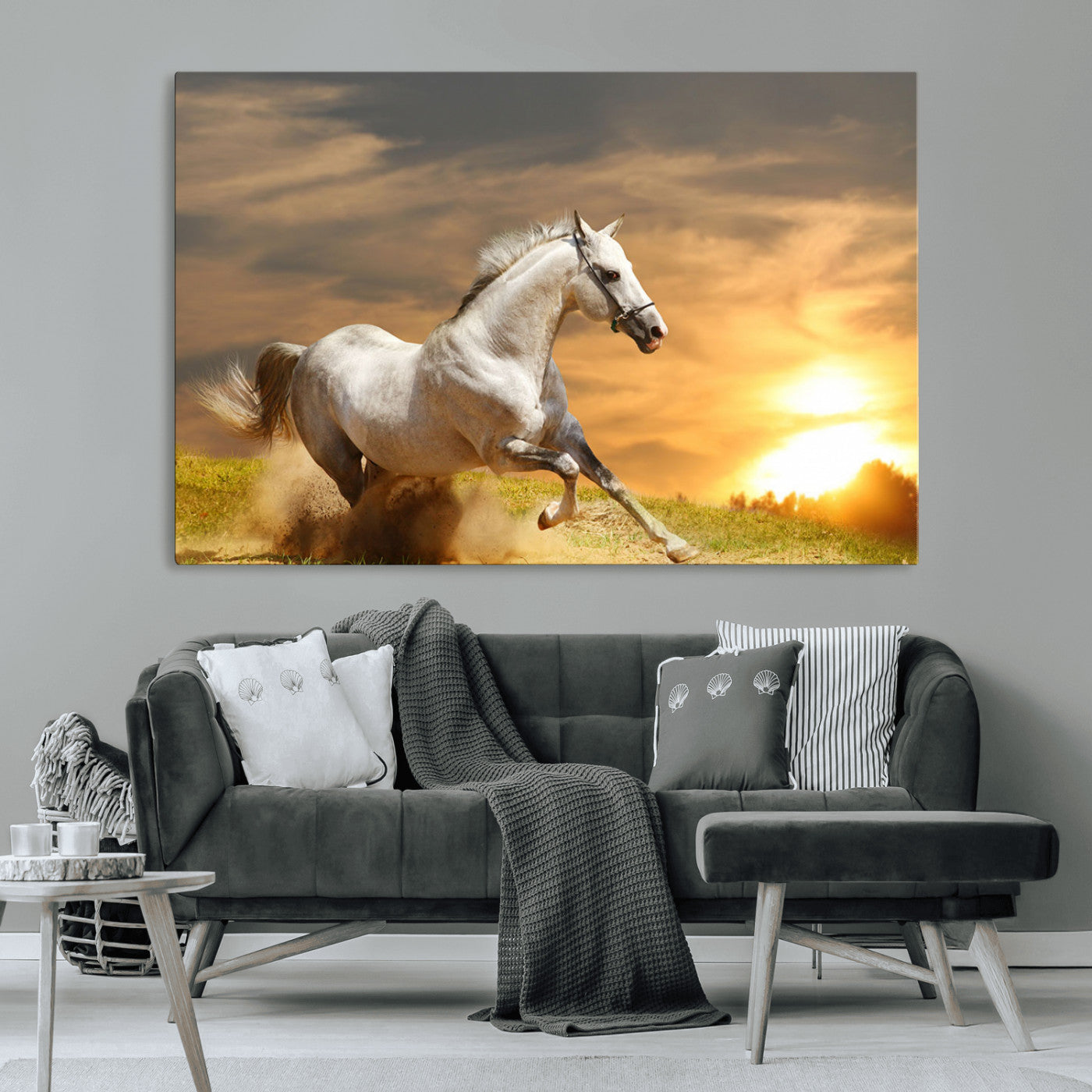 White Horse Running Canvas Sunset Wall Art