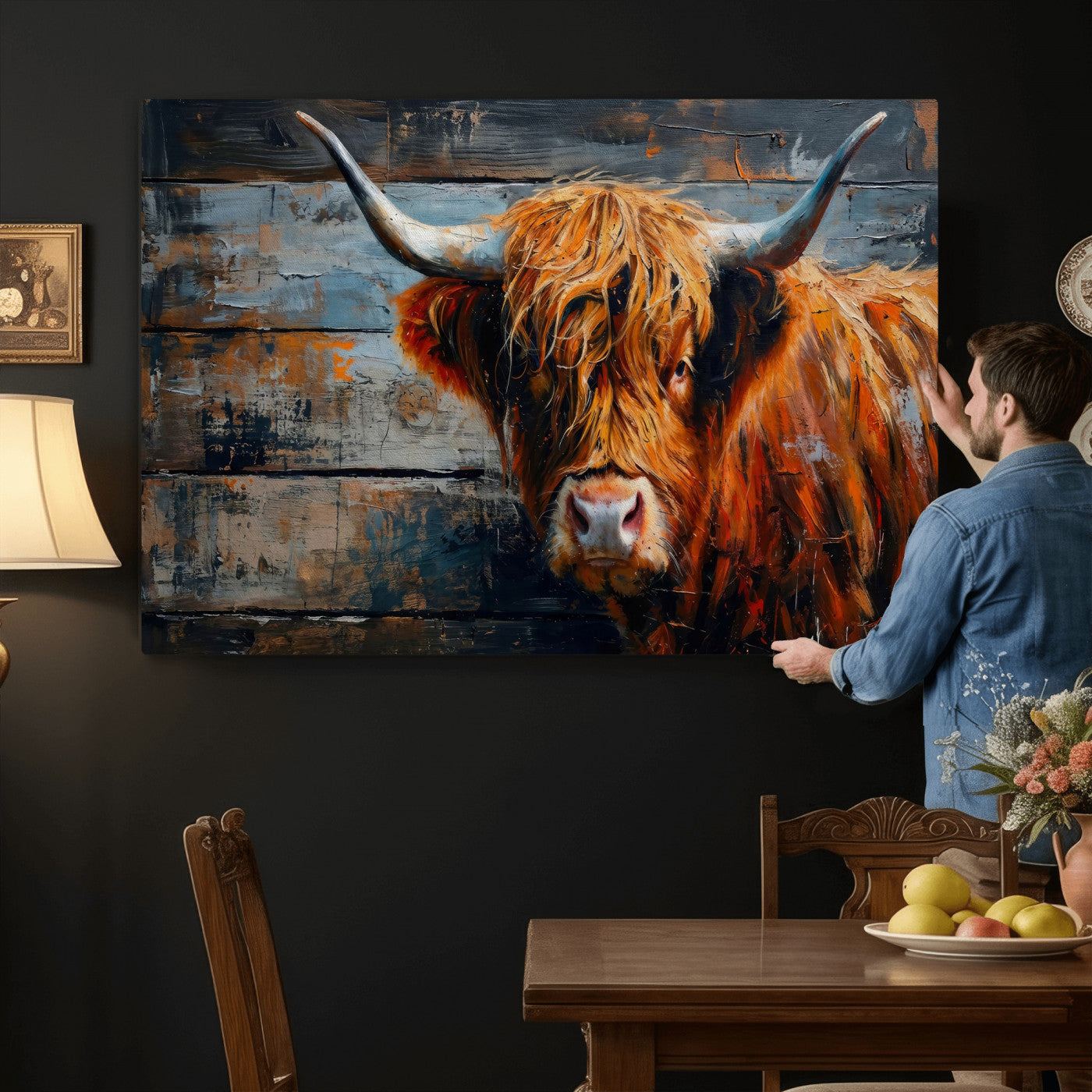 Highland Cow Wall Art Canvas Print, Abstract Rustic Farm
