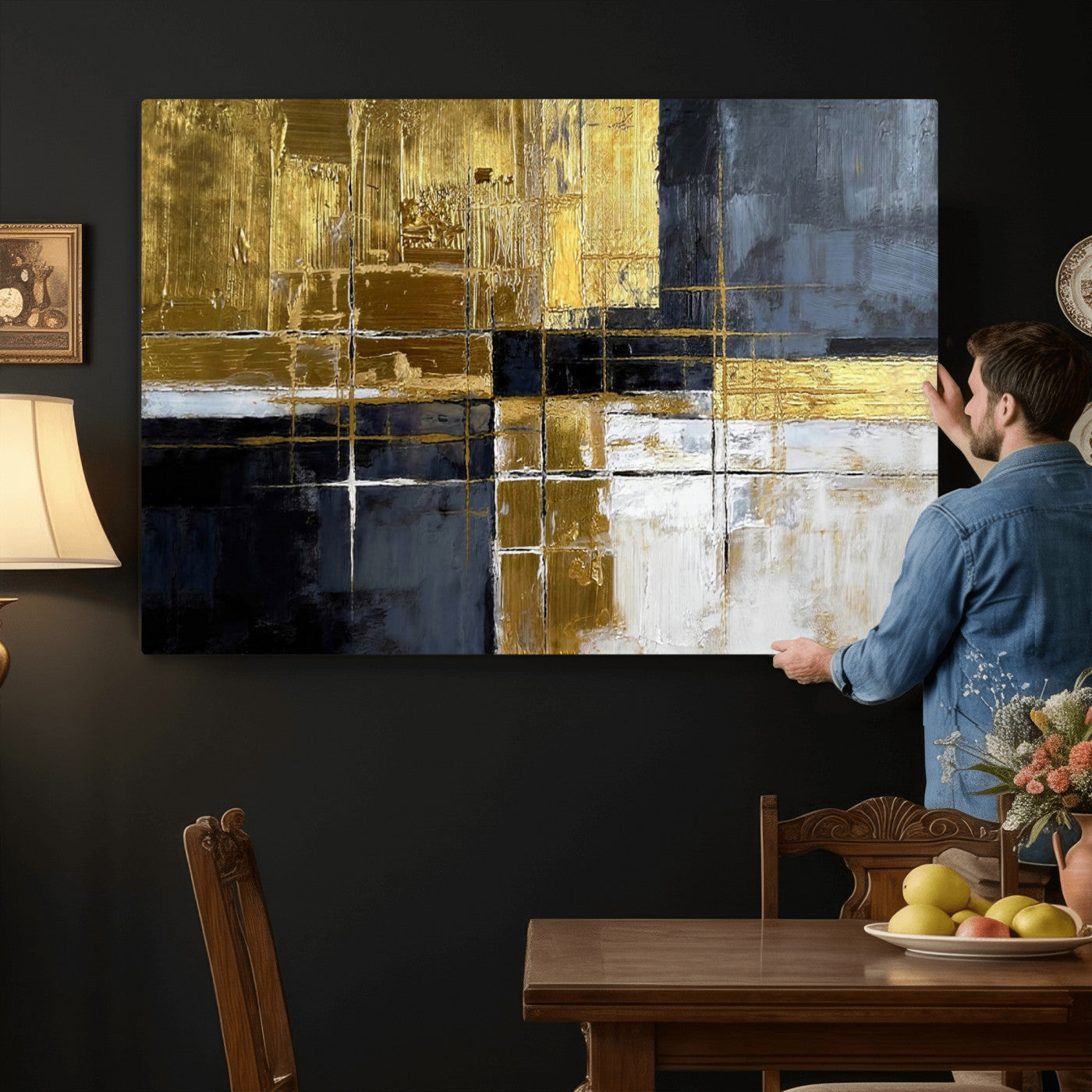 Gold Navy Abstract Wall Art Canvas Print, Modern Luxury