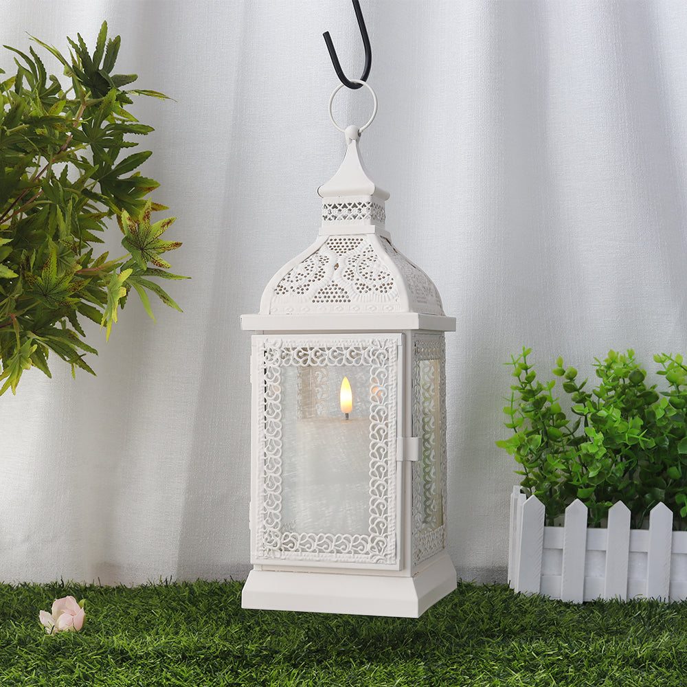13'' High Rustic Style Metal Candle Lantern(White)-4