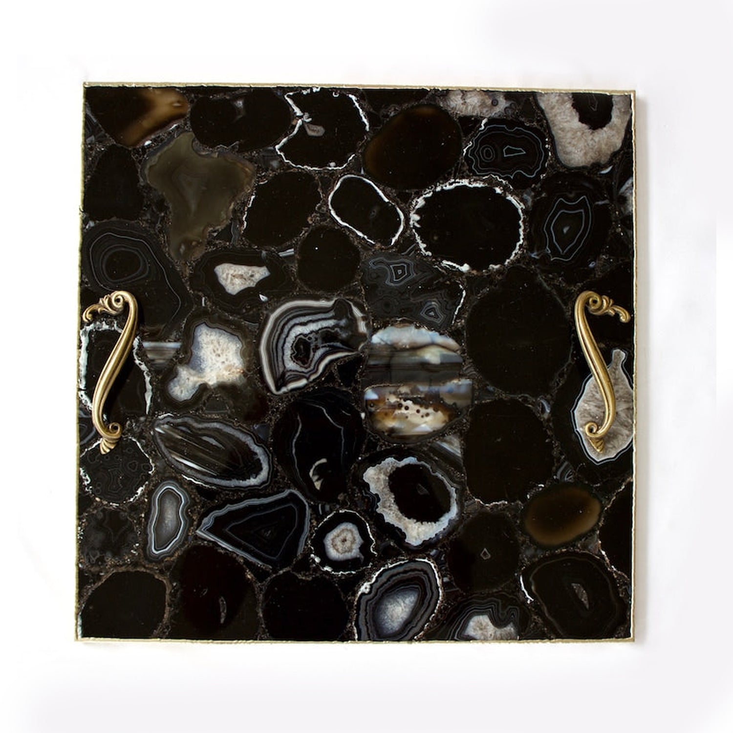 Black Agate Serving Tray With Brass Handles | Square-0