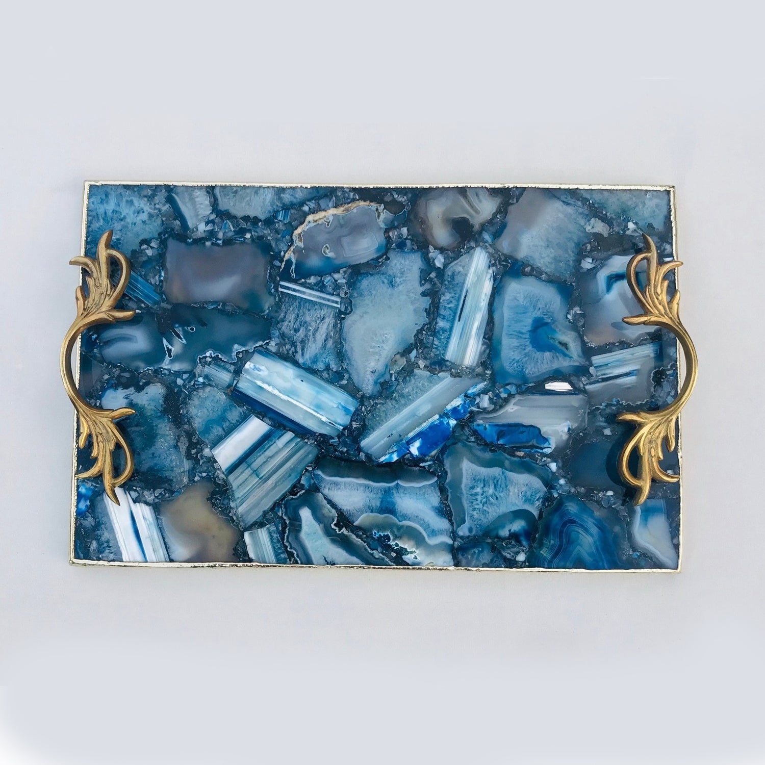 Blue Agate  Serving Tray With Brass Handles-0