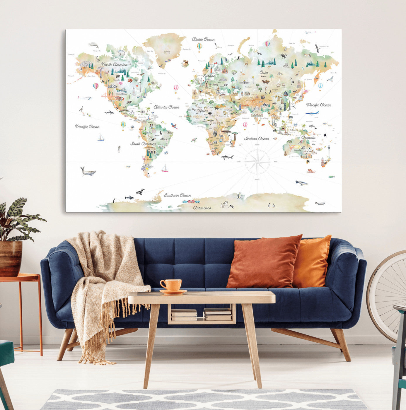 Animal World Map for Kids Room Decor