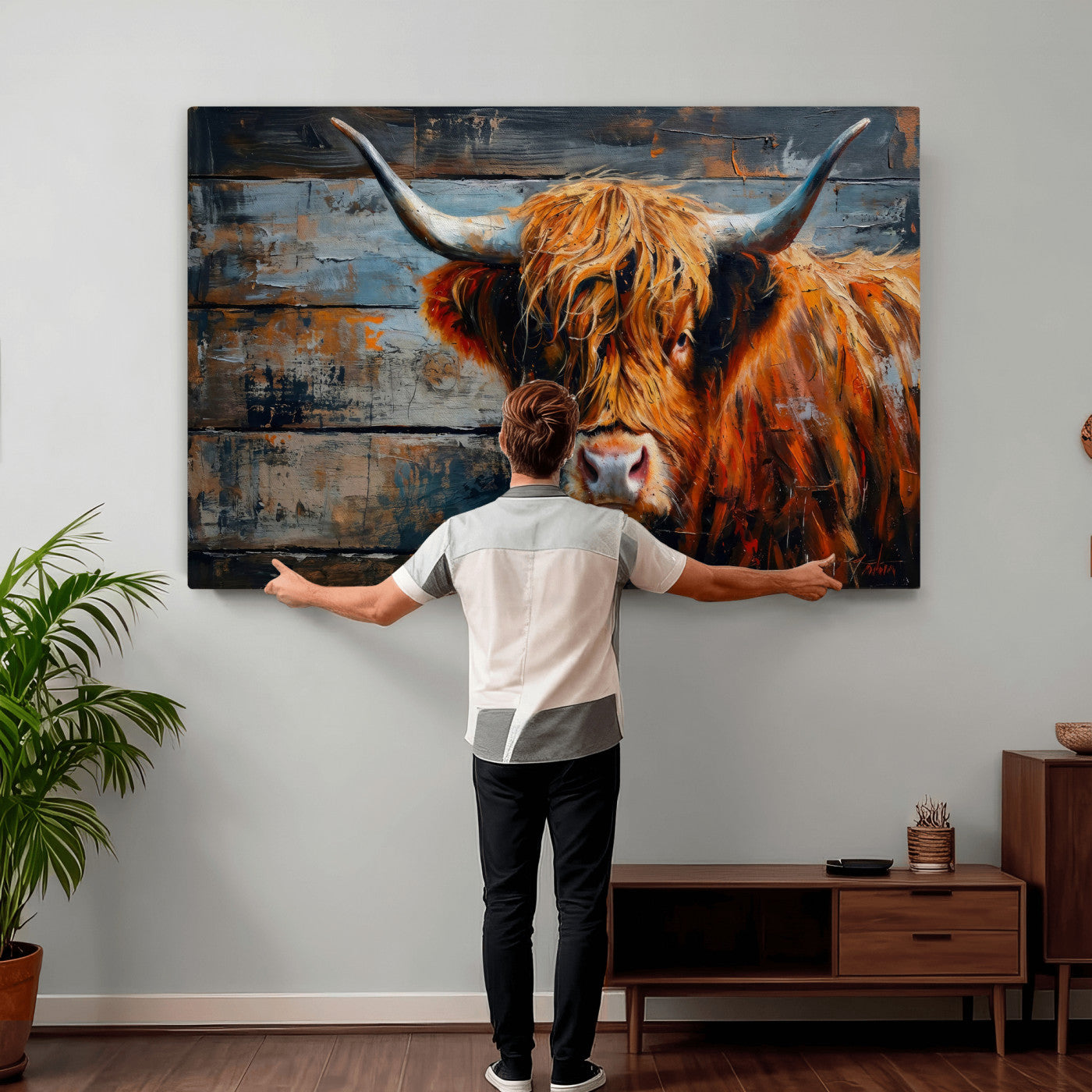 Highland Cow Wall Art Canvas Print, Abstract Rustic Farm
