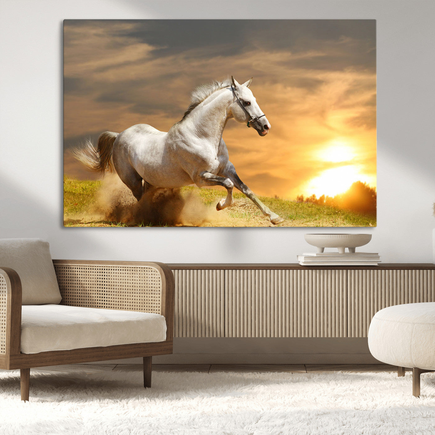 White Horse Running Canvas Sunset Wall Art
