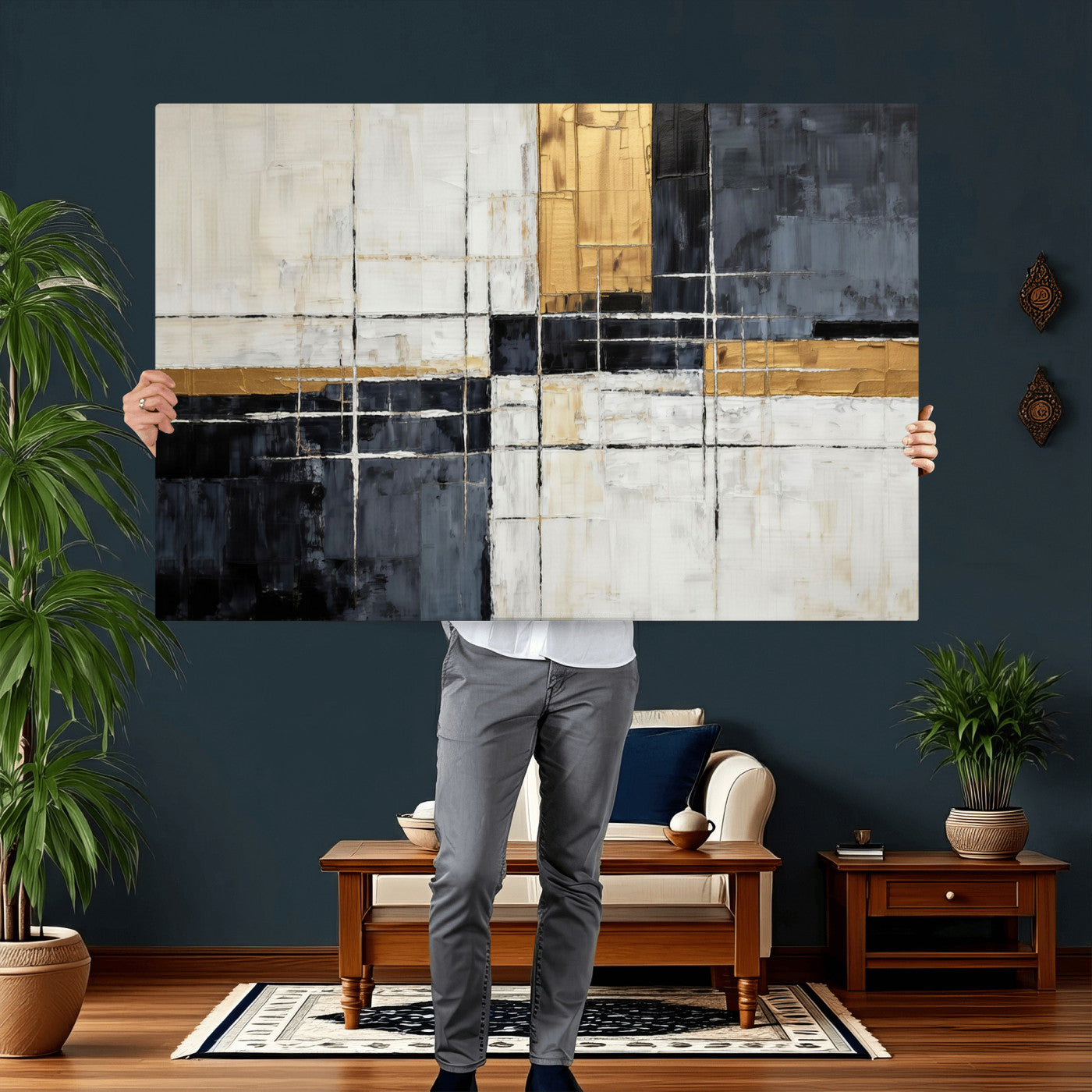 Gold Abstract Wall Art Canvas Print, Modern Luxury Geometric