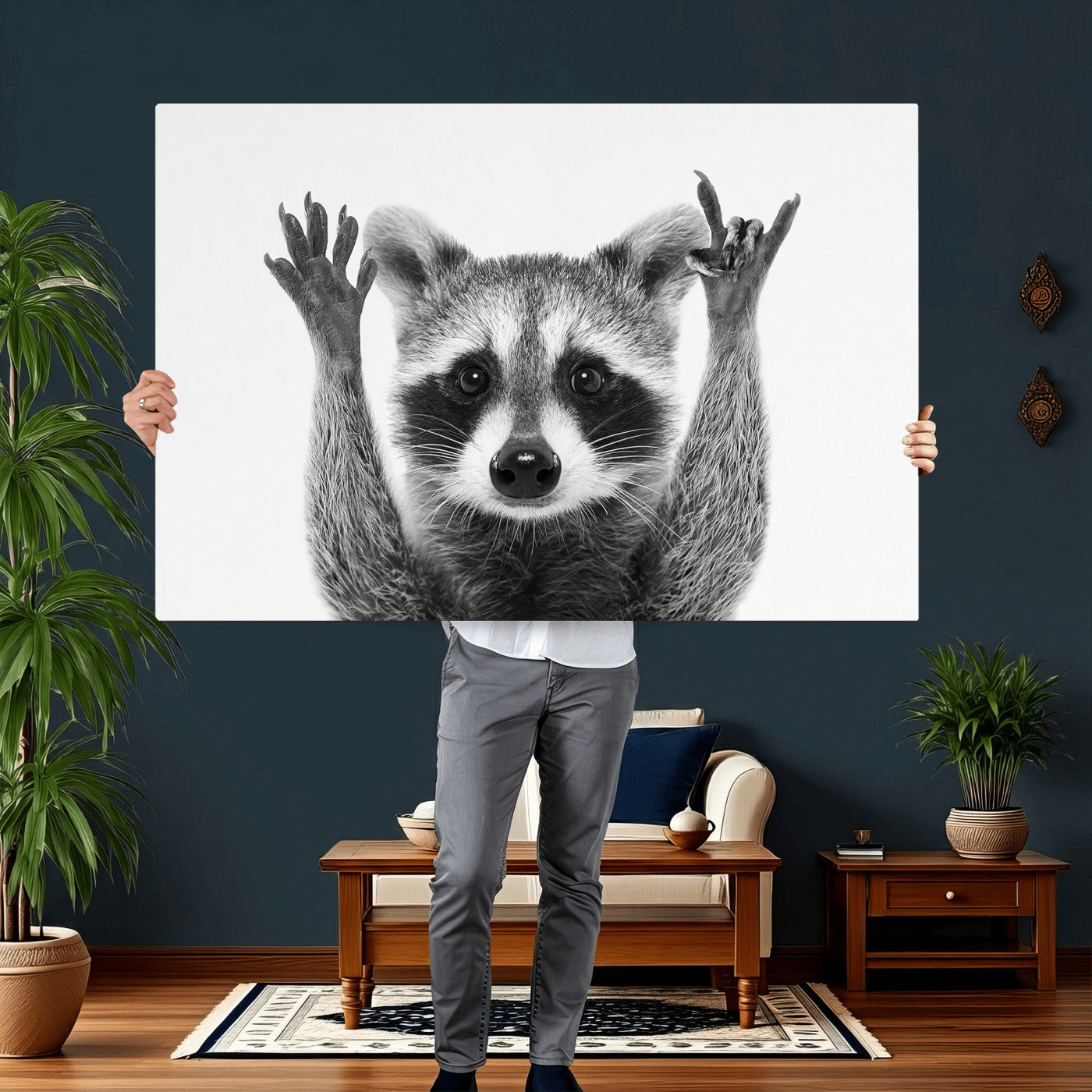 Funny Raccoon Canvas Wall Art, Black White Hands Up Animal Photo Print, Humorous Wildlife Decor, Kids Room Nursery Art, Quirky Animal Gift