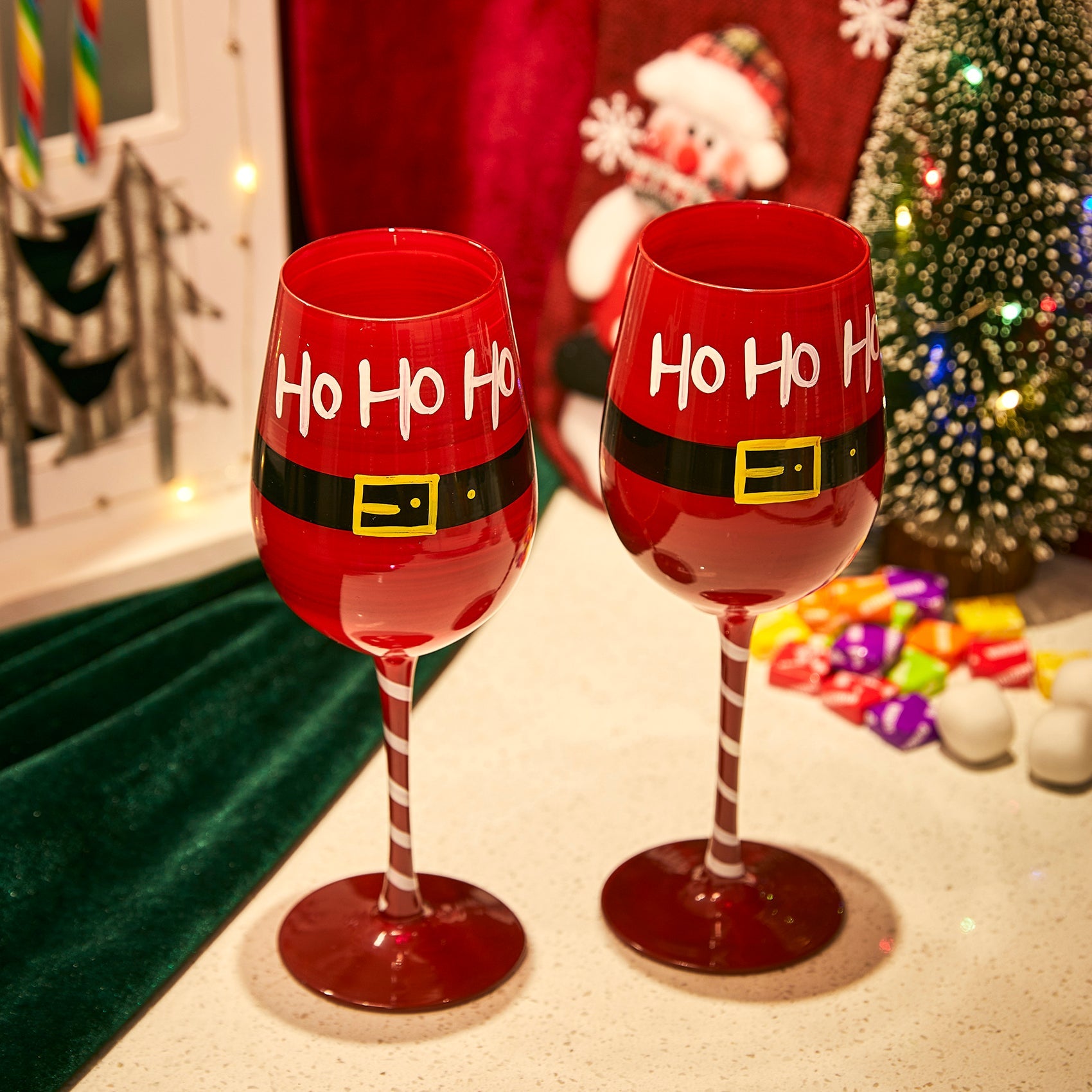 Ho Ho Ho Santa's Christmas Stemmed Wine & Water Glasses - Set of 2 - HoHoHo, Red & Black, 9" H - Holiday Parties Glassware - Xmas Tree - Set of 2, 17.5oz - Merry Christmas Santa Festive Glass-1