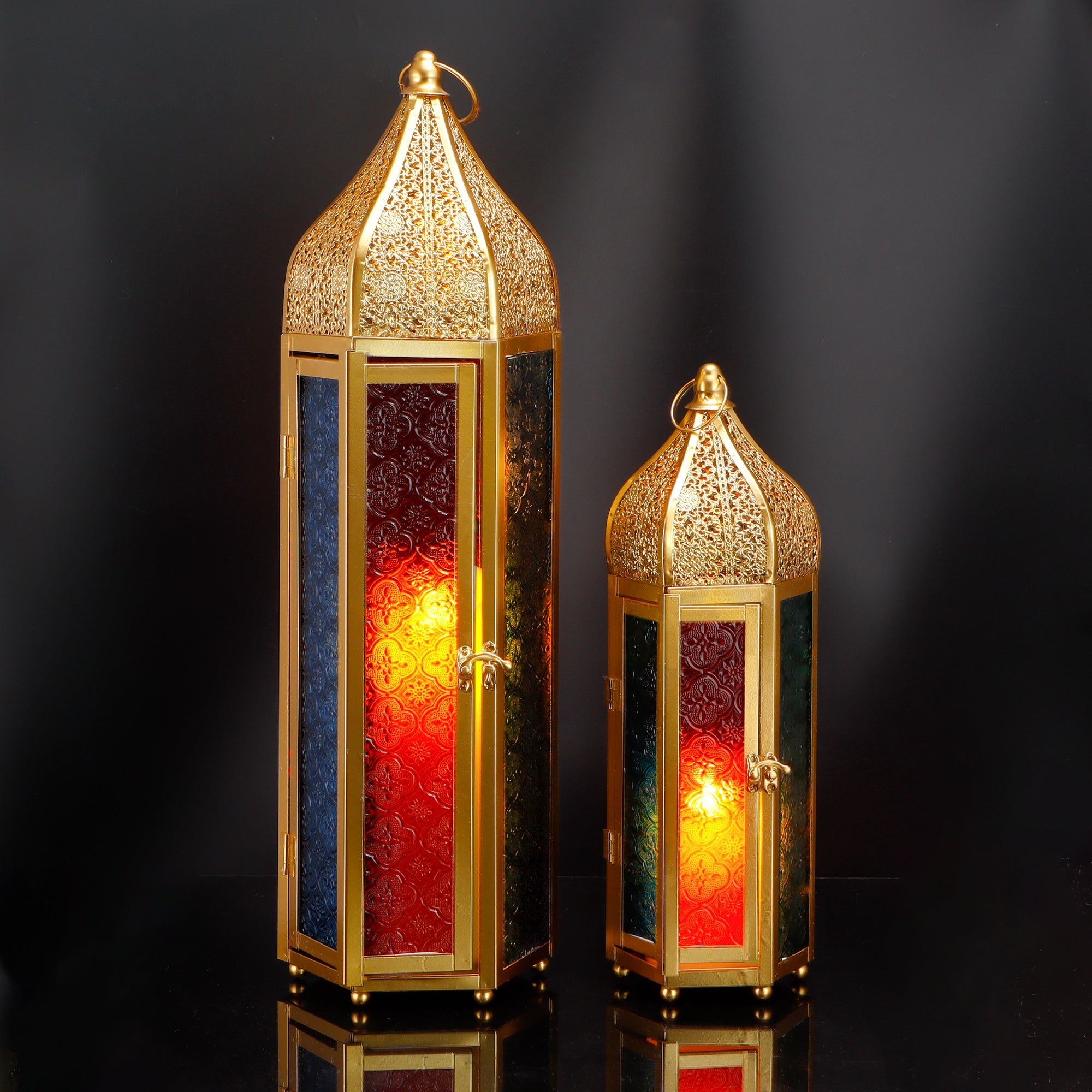Set of 2 Decorative Ramadan Candle Lanterns - Metal, Tempered Glass, Hanging Tealight, Moroccan Style, Indoor/Outdoor Party Decor-2