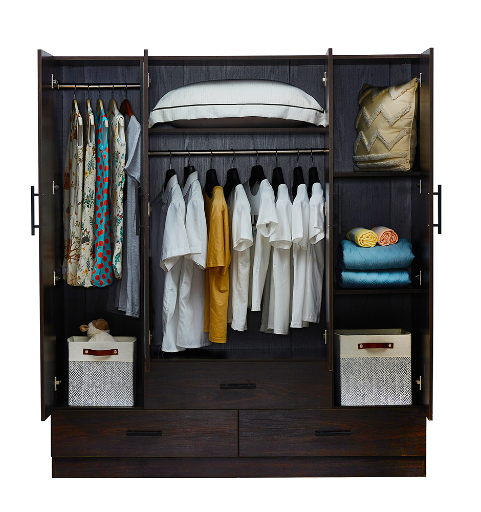 71" H Wooden Armoire Wardrobe Closet with Mirror, 4 Doors, Drawers & Shelves | 63" W Bedroom Storage Cabinet