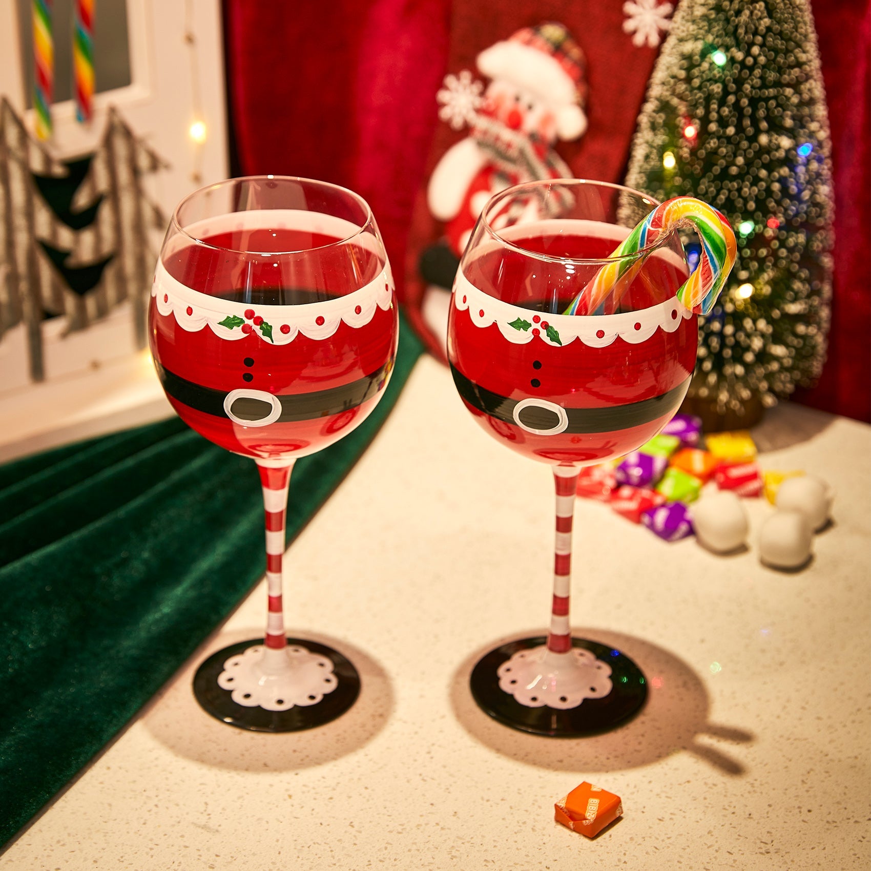 Santa's Elf Stemmed Wine & Water Glasses - Set of 2 - Shining Red & Black, 9" H - Christmas & Holiday Parties Glassware - Xmas Tree - Set of 2, 17.5oz - Santa Festive Glass - Great Gift!-1