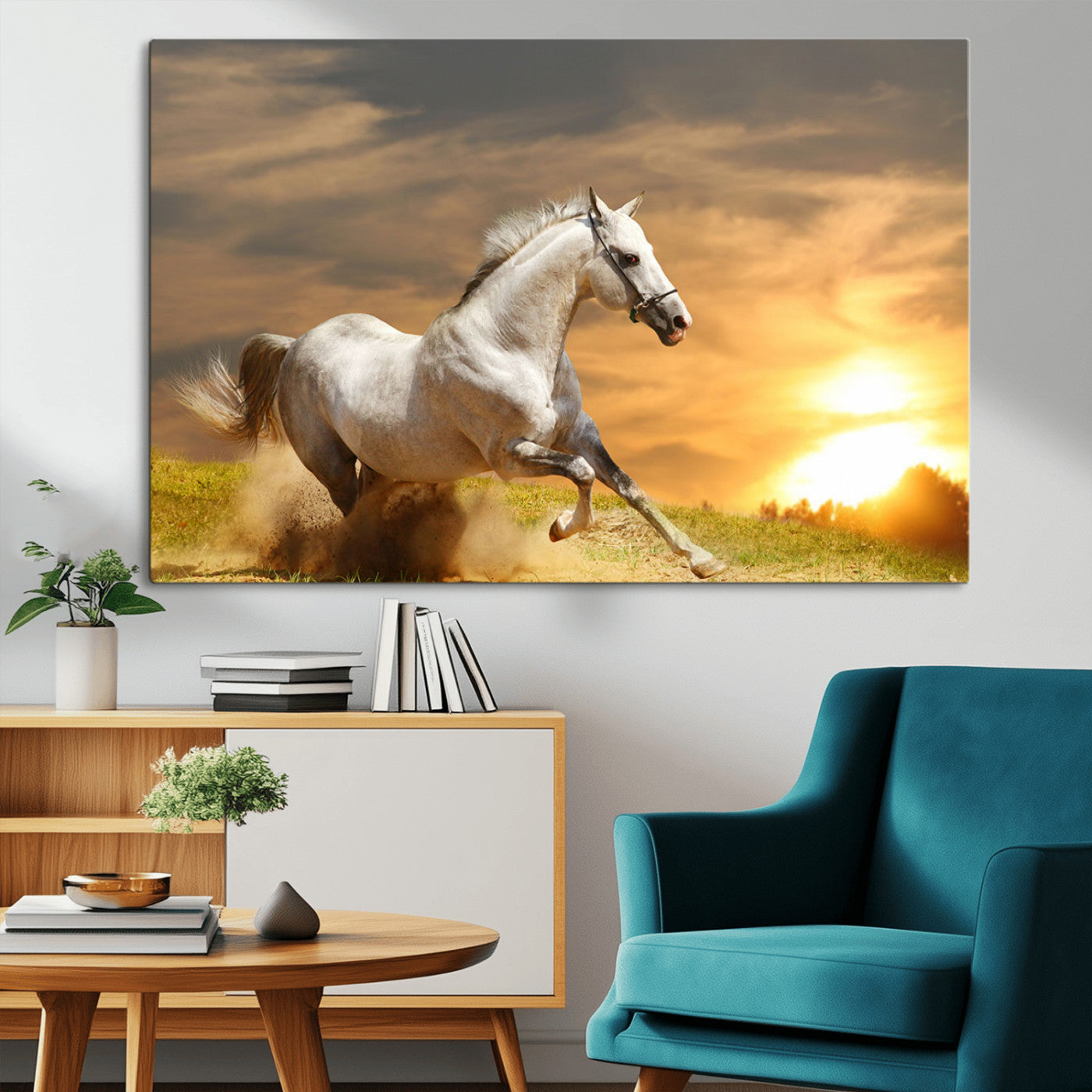 White Horse Running Canvas Sunset Wall Art