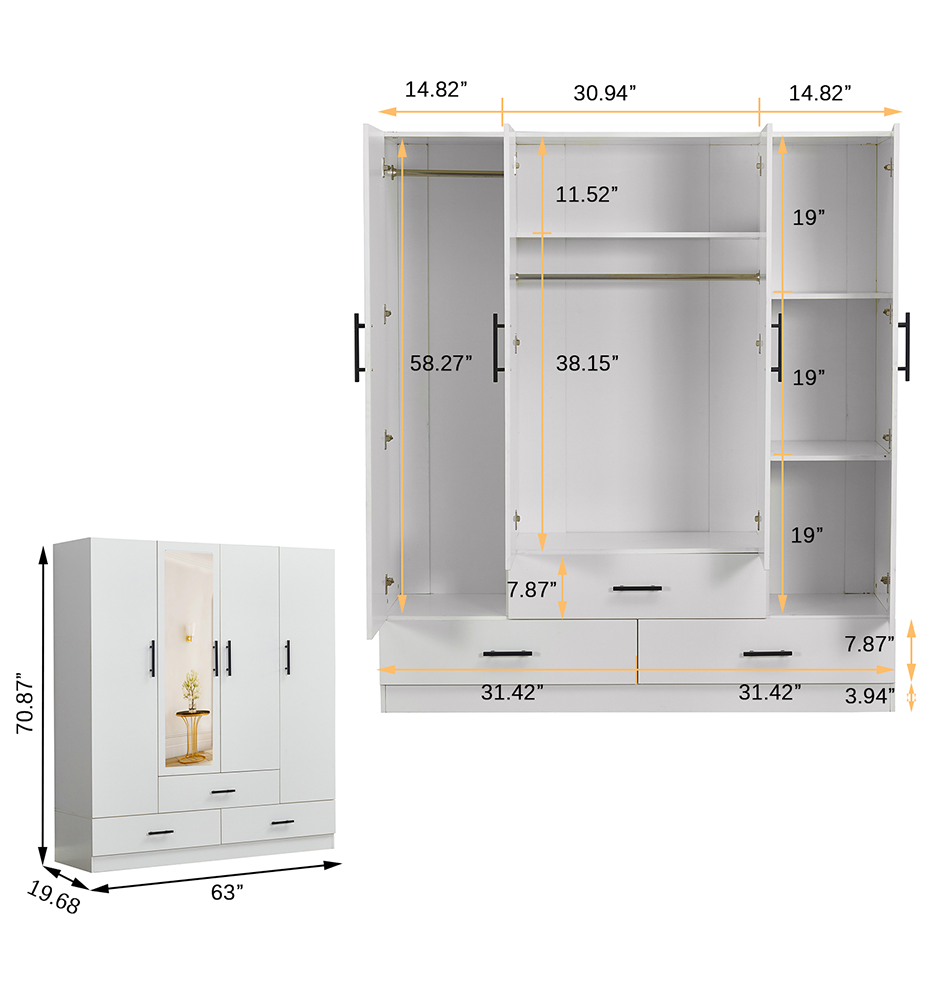 71" H White Armoire Wardrobe Closet with 4 Doors, Storage Drawers & Hanging Rod | 63" W Bedroom Storage Cabinet