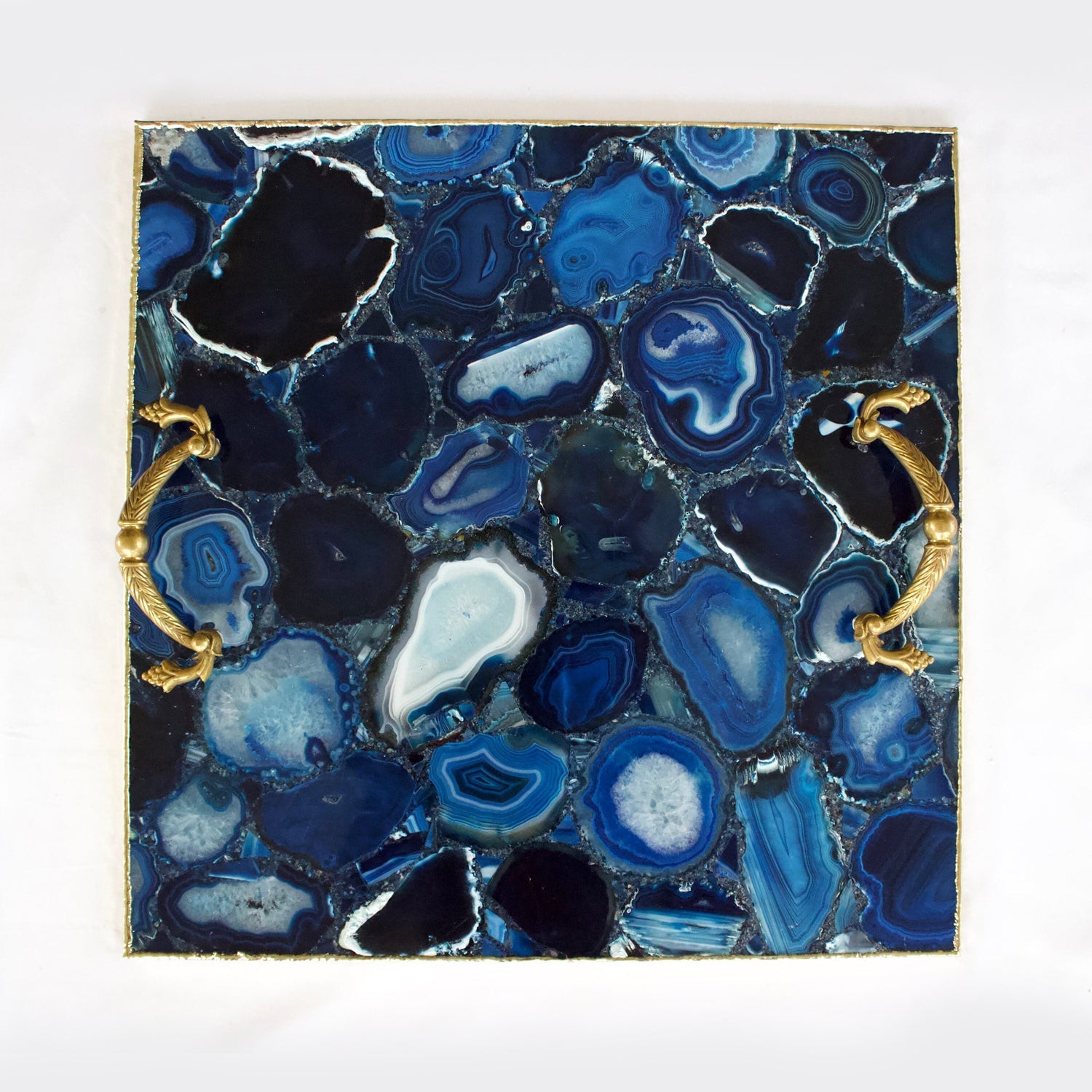 Blue Agate Serving Tray With Brass Handles | Square-0