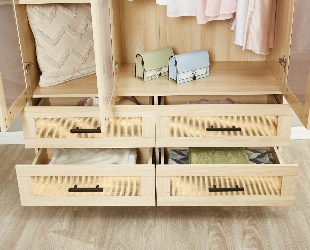 Rattan Wardrobe Closet with 3 Doors & Mirror | 71" H Wooden Armoire Cabinet with Hanging Rod for Bedroom