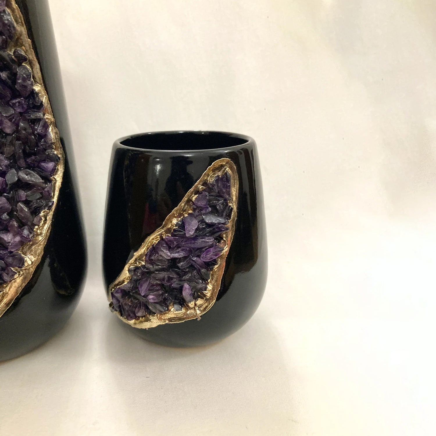 Black and Gold Ceramic Vase/Planter/Pot/Wine Goblet/Mug with Amethyst Semi-precious Agate Crystal Gemstones-1